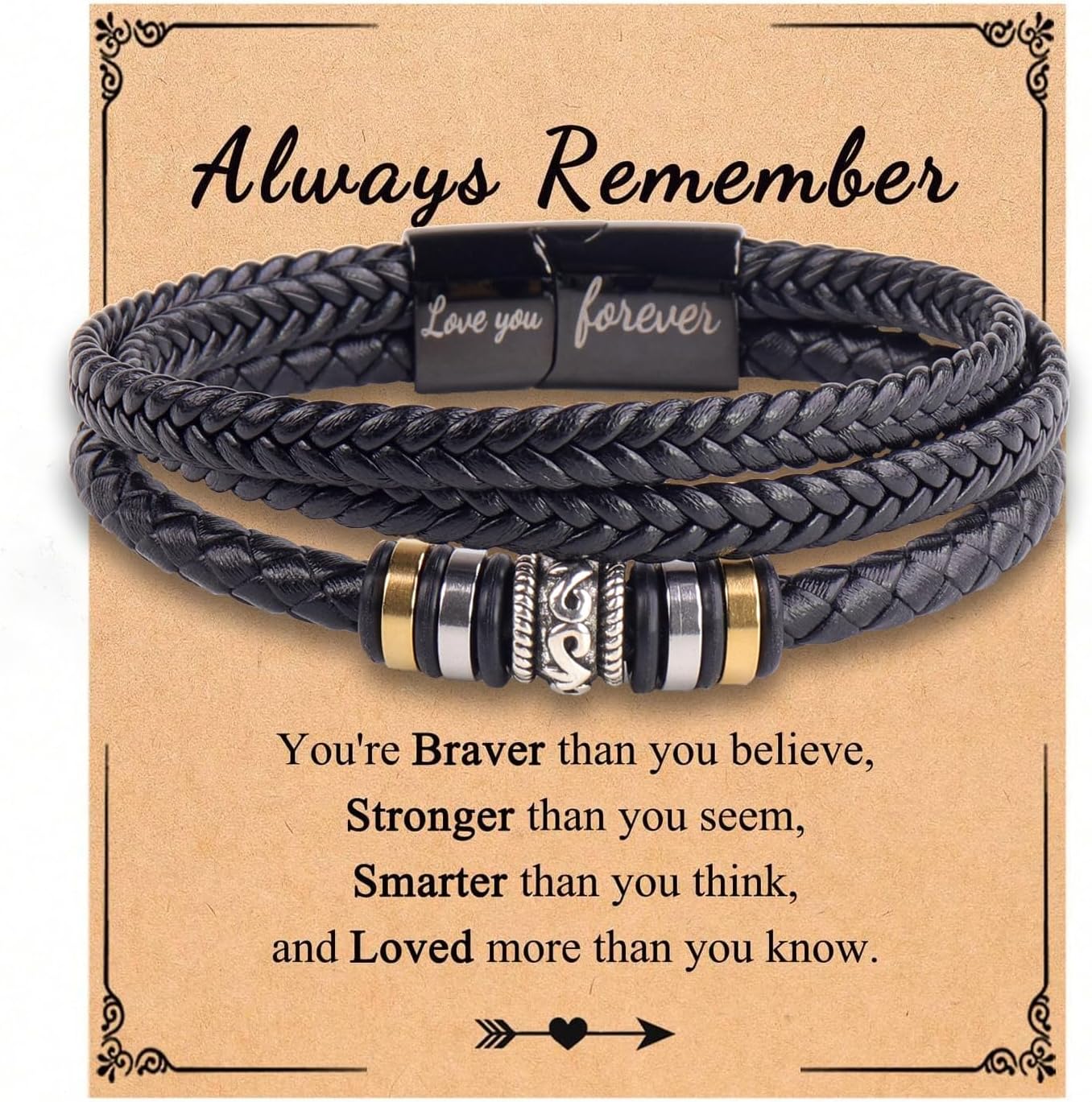To My Son Man Boyfriend Husband Dear Dad Always Remember Bracelet, Trendy Simple Black Three Layered Stacked Braided Leather Bracelet Holiday Jewelry Gifts