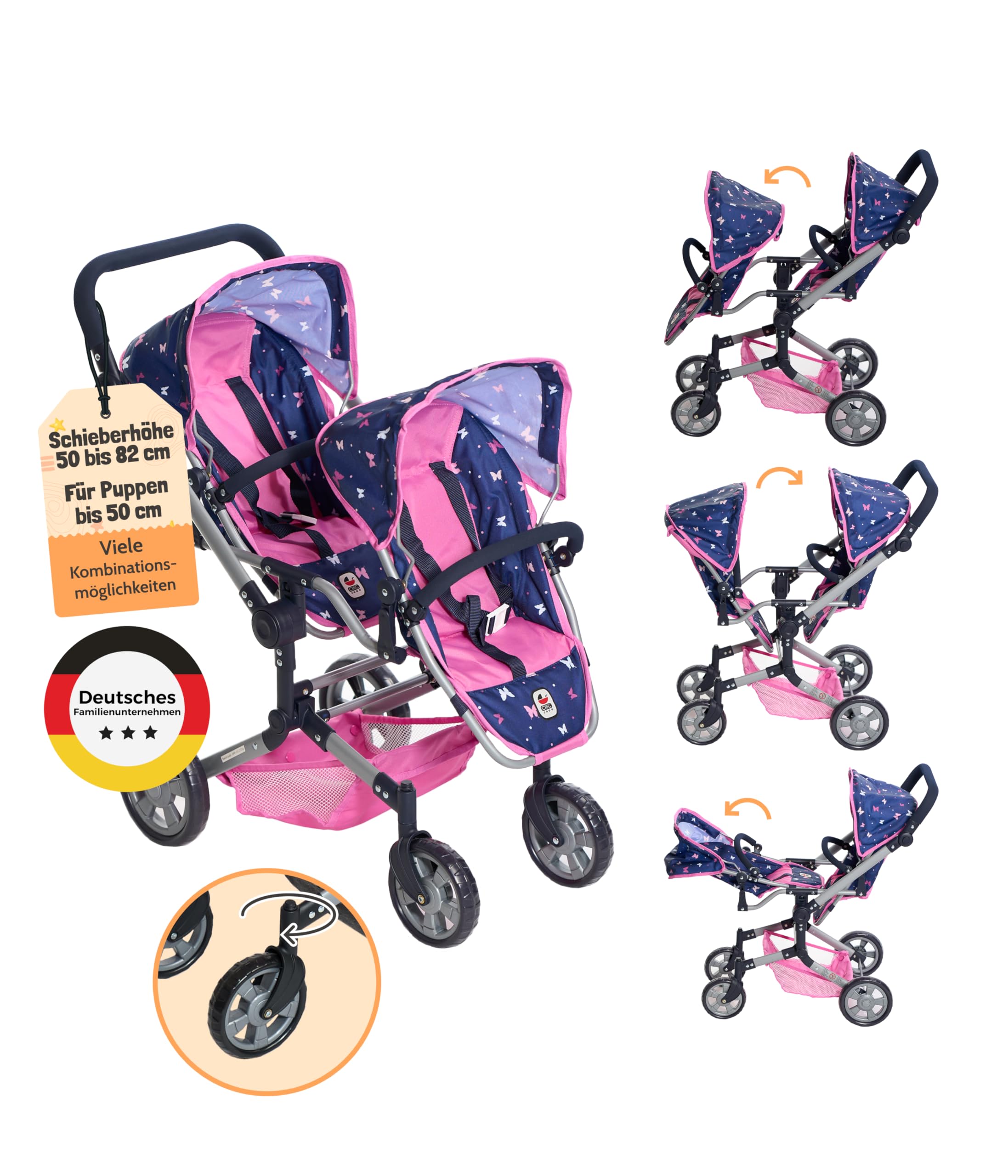 Bayer Chic 2000® Wózek dla lalek Linus Duo – Butterfly Navy Pink – składany wózek dla lalek bliźniaczek – regulowany uchwyt 50-82 cm – lalki do 50 cm – 4-8 J.