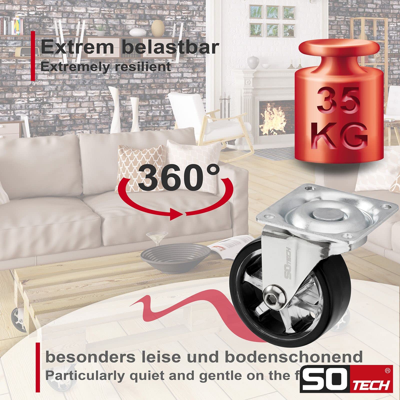 SOTECH Lot de 4 roulettes design pour meubles RAPID Roues Ø 50 mm noires, capacité de charge 35 Kg, hauteur 64 mm