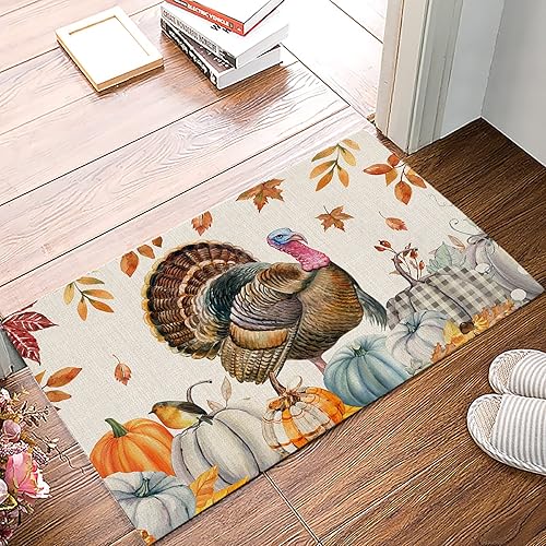 Welcome Bath Mat, Thanksgiving Fall Pumpkin Non Slip Entrance Indoor Funny Rugs, Maple Turkey Bathroom 32x20In