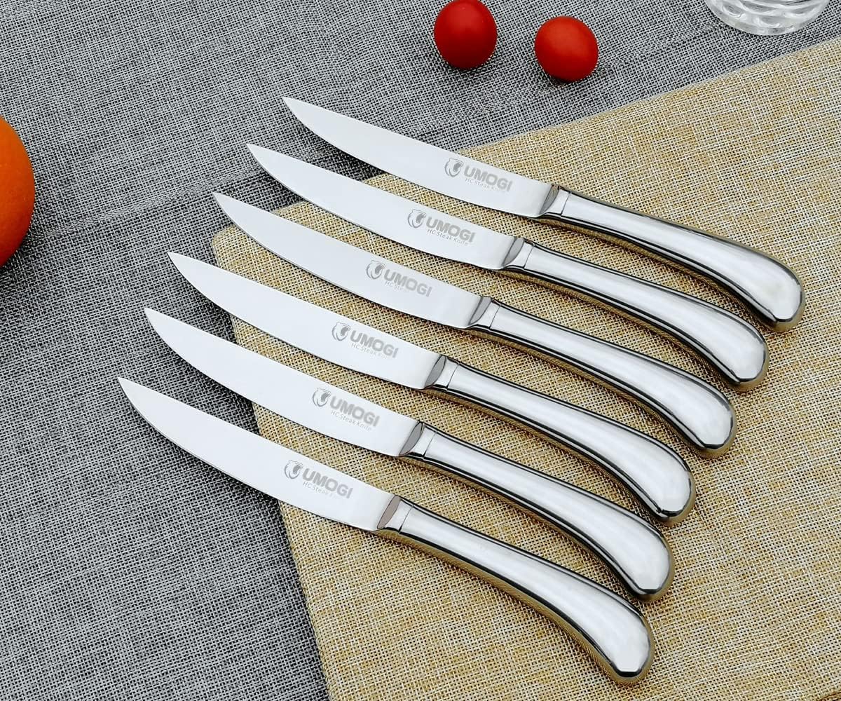 Steak Knives Set of 8 - Shiny Polished Blade & Handle - Premium Stainless Steel, Dishwasher Safe - Straight Edge Non Serrated - Kitchen Cutlery Set 4.5'' Dinner Knife Set UMOGI: Home & Kitchen