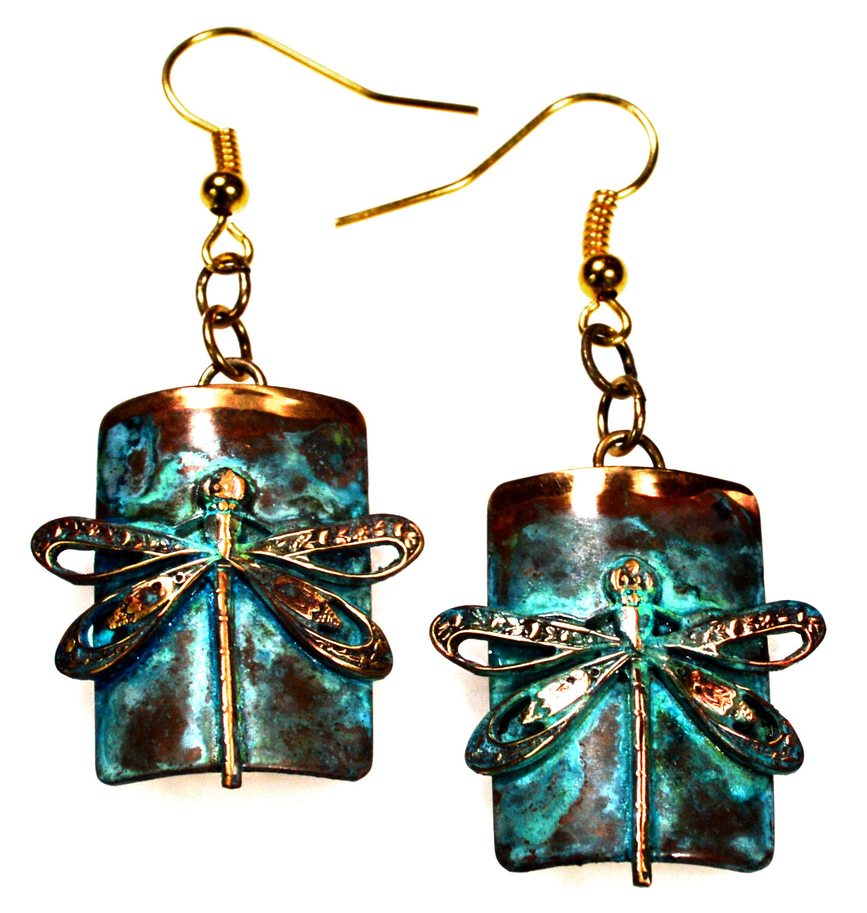 Elaine Coyne Collectible ArtwearVerdigris Patina Solid Brass Dragonfly on Rectangle Dangle Jewellery Earrings - USA Made, Brass