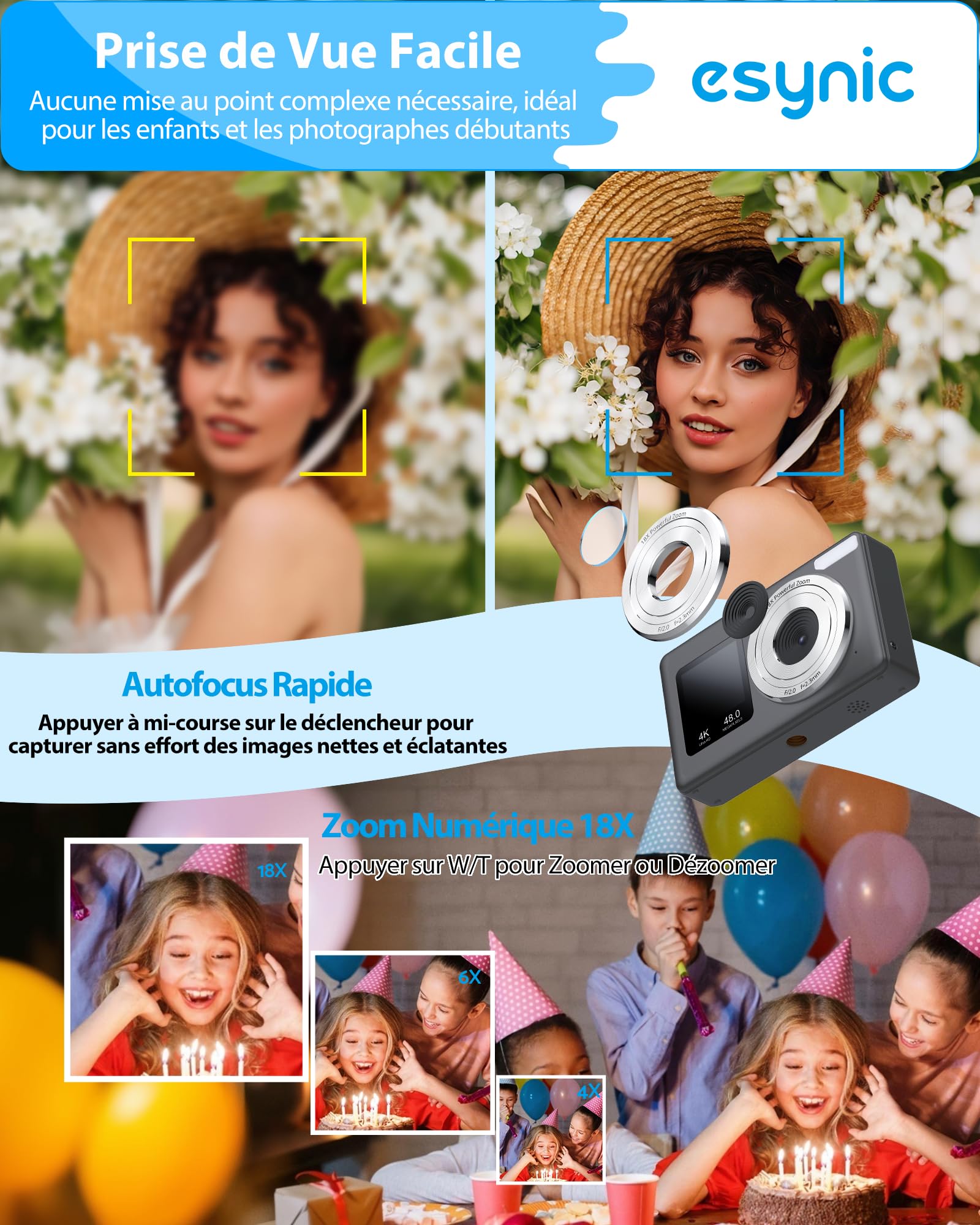 eSynic Appareil Photo Numérique 4K 48MP 18X Zoom Numérique Deux Écrans LCD Carte Mémoire 32 Go Noir