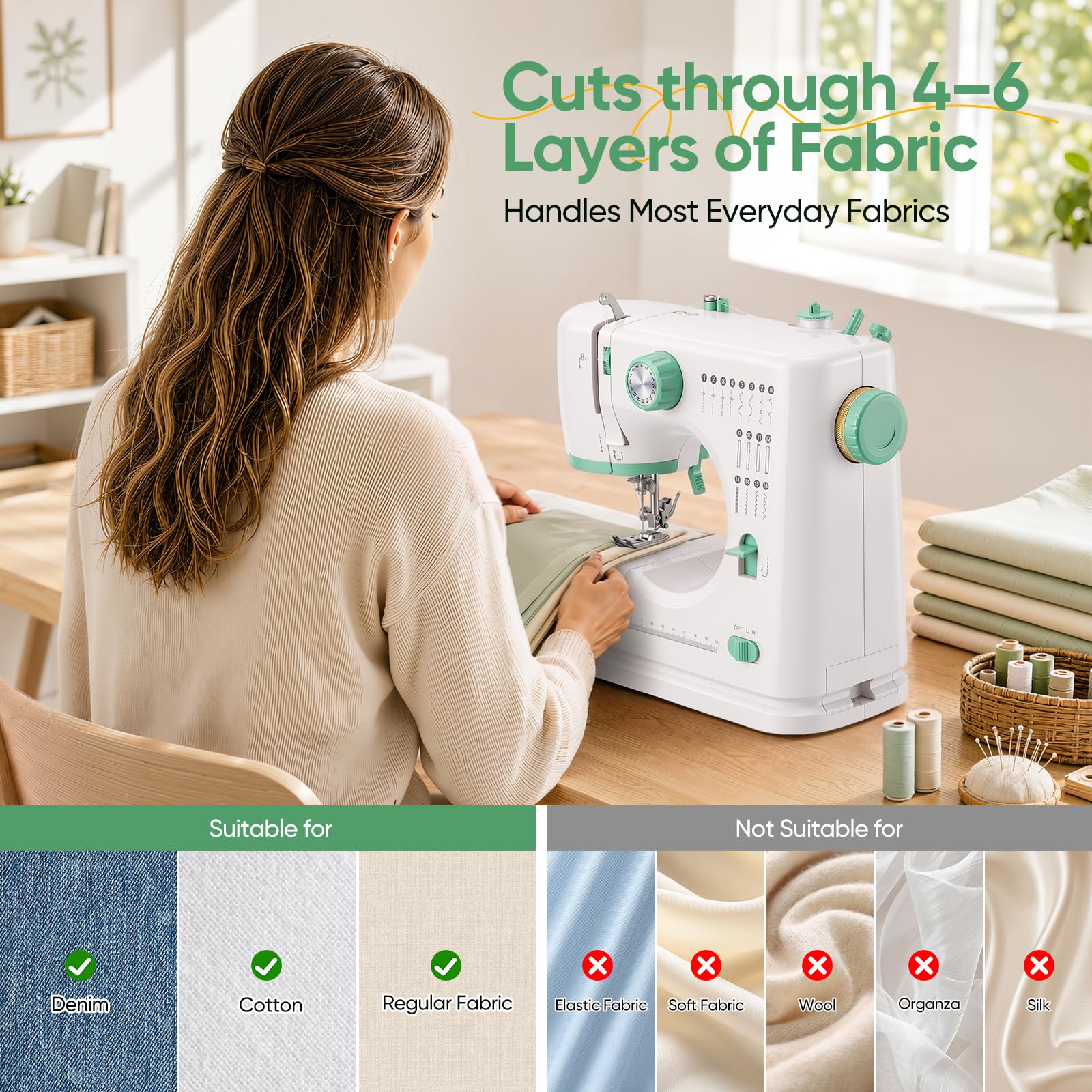 Máquina de coser para principiantes, 16 puntadas, juego de 42 accesorios | Máquina de coser portátil con luz LED, pedal de pie, máquina de coser compacta para retocar denim, algodón y tela normal