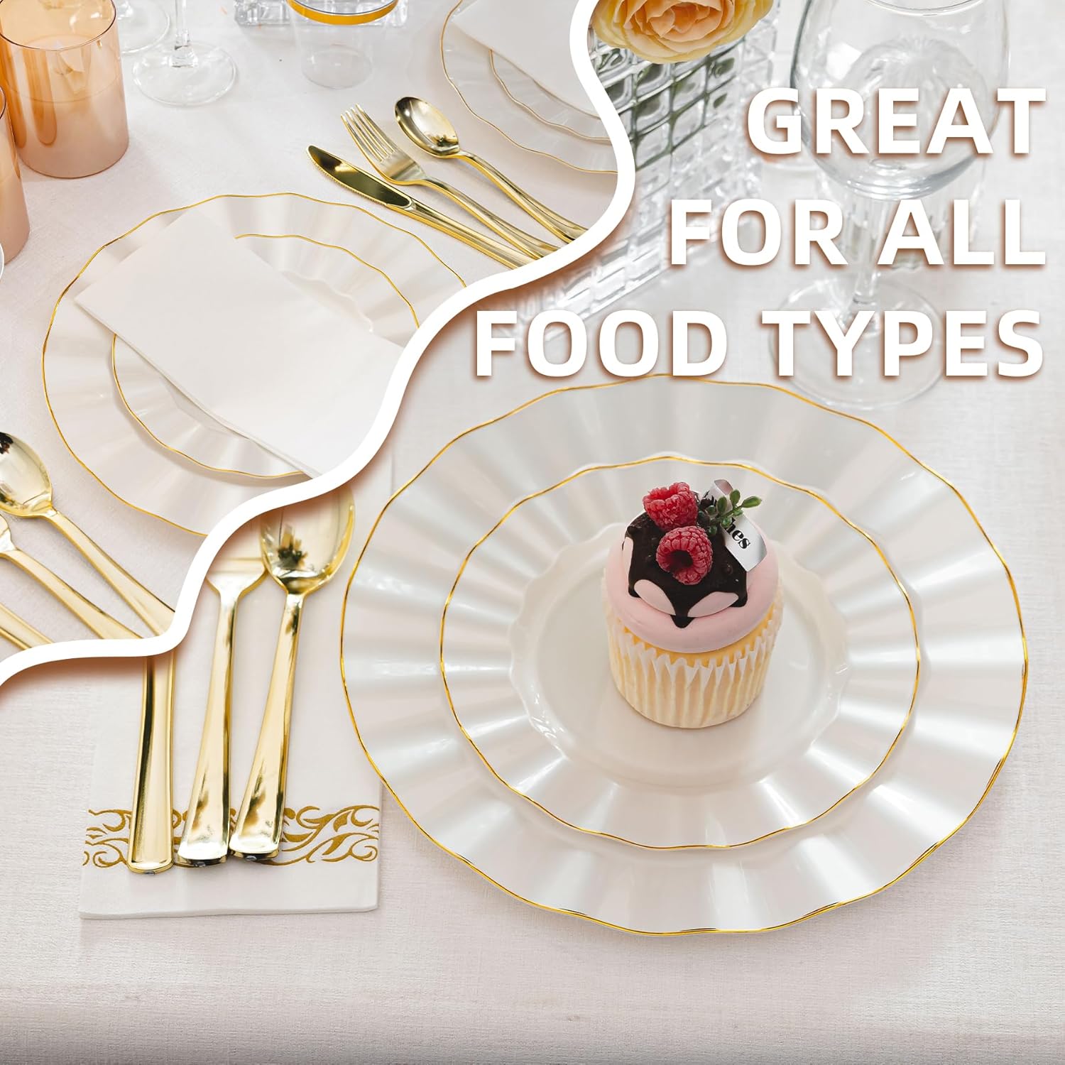 175PCS Gold and White Plastic Dinnerware Set, Plastic Party Plates for 25 Guests, 50 Disposable Plates, 25 Heavy Duty Silverware, 25 Cups, 25 Napkins for Party and Wedding