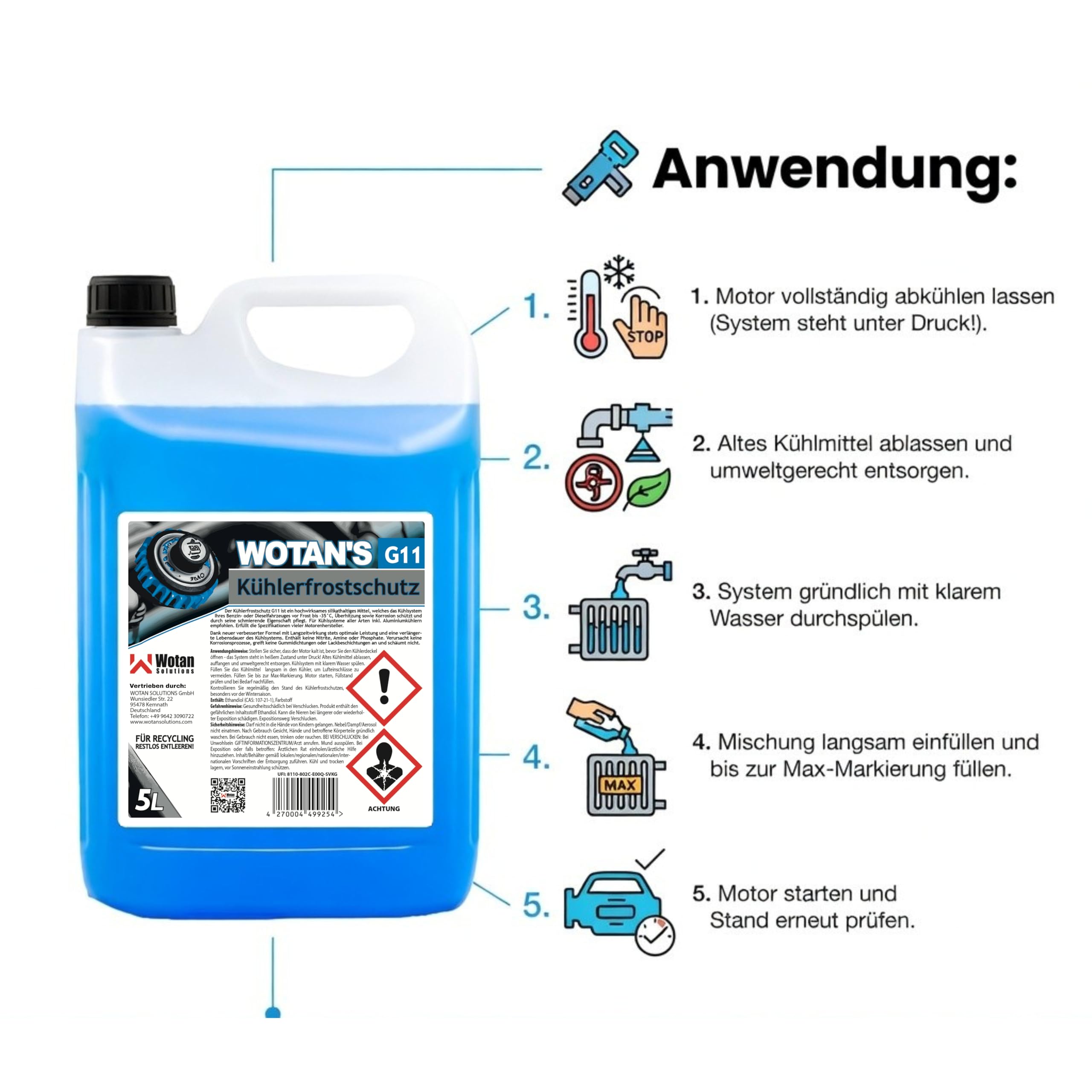 Wotan's 25L Kühlerfrostschutz G11 Gebrauchsfertig bis -35°C - Silikathaltiges Kühlmittel - Blau - Für Benzin & Diesel - Aluminiumverträglich (5x5L)
