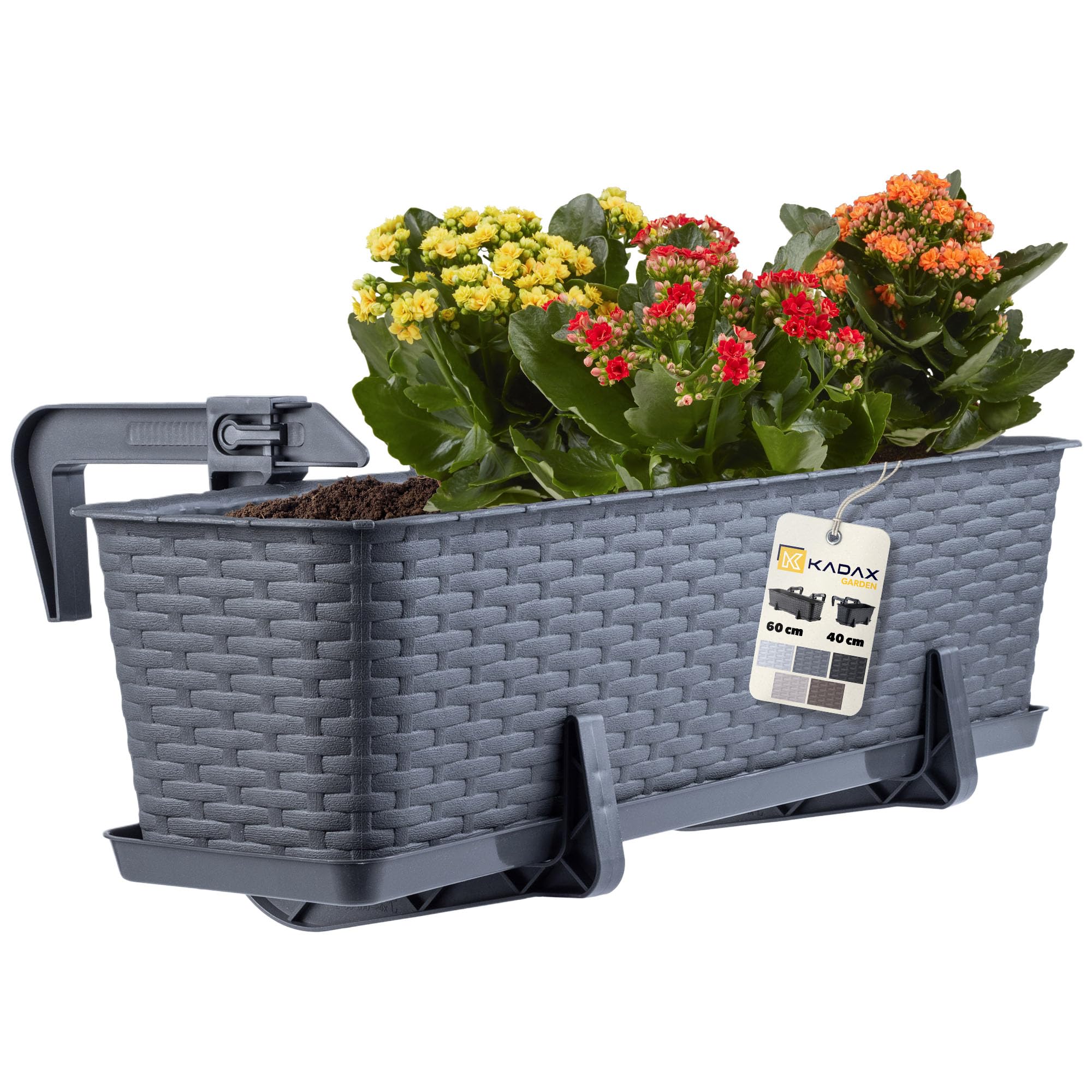 KADAX Maceta de Plástico Imitación Ratán, Macetero Rectangular con Platillo y Soportes para Exterior, Jardinera Colgante para Balcón (Grafito, 60 cm)