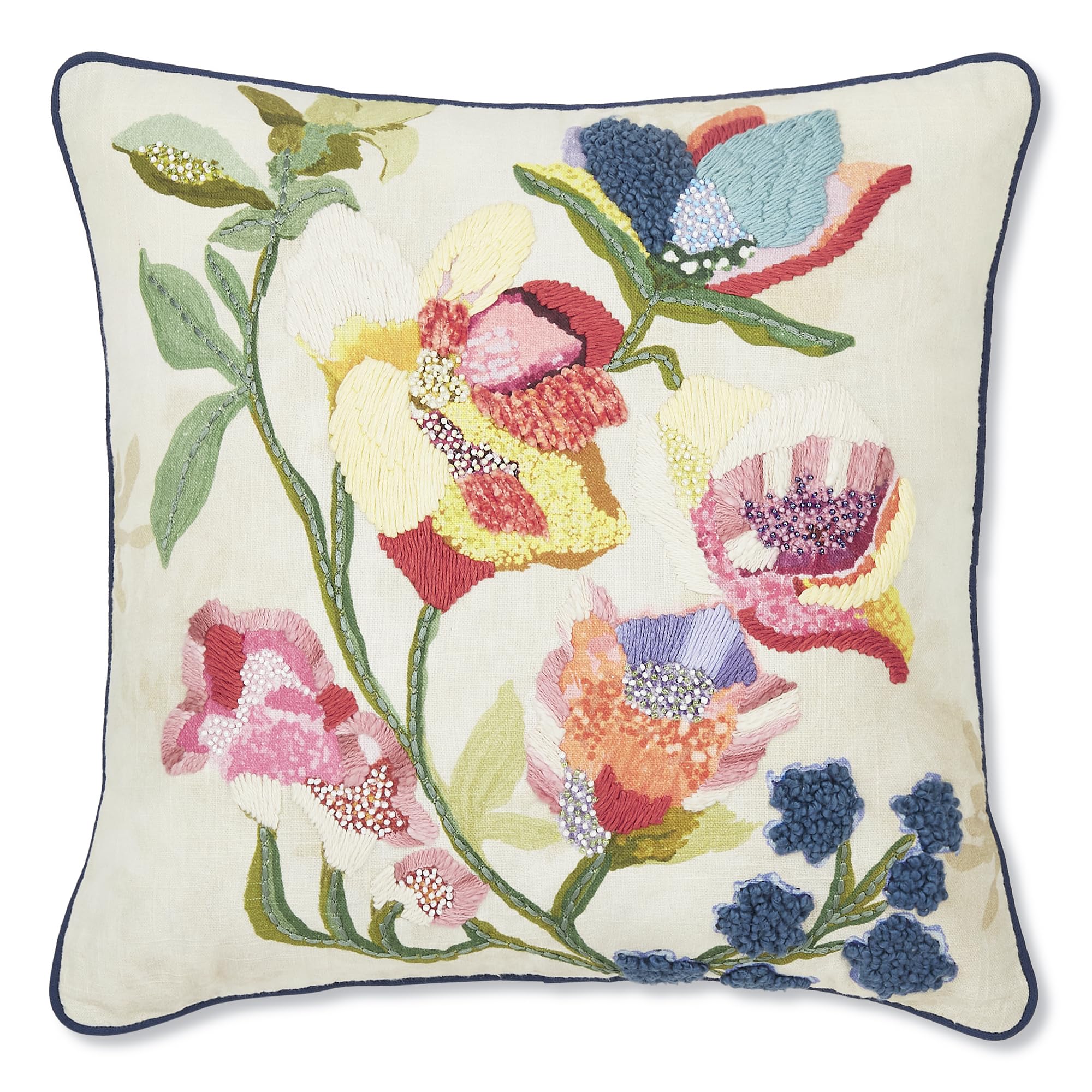 haus & kinder Cotton Decorative Embroidered Cushion Cover | Knitted Chambray Front Throw Pillow Cushion Cover for Sofa Living Room | 16Inch X 16Inch | Embroidered Flower 260 TC