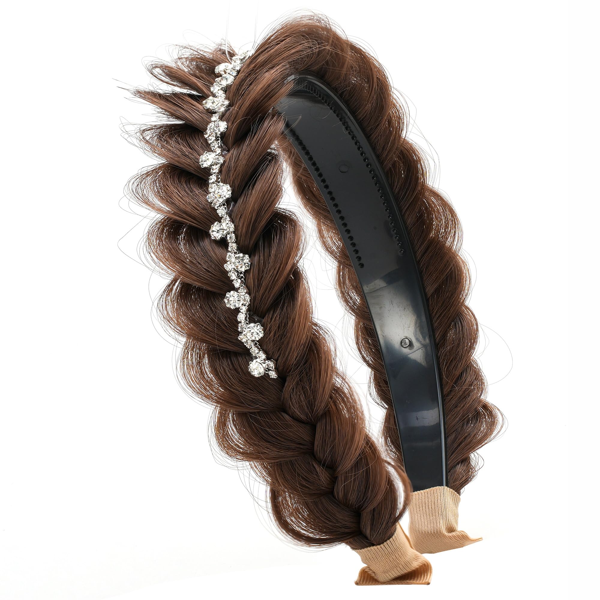 TOECWEGR Wide braided headband with teeth, synthetic braided headband, braided fish tail with crystal embellishments