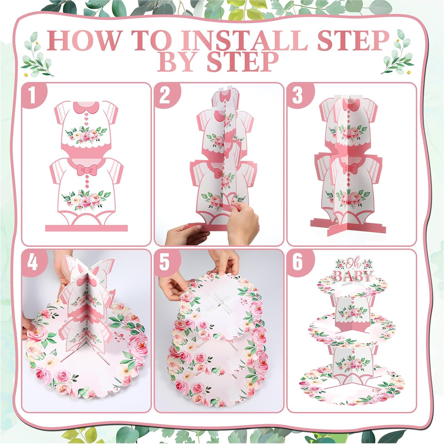 Zopeal 3 Tier Floral Baby Shower Cupcake Stand Cardboard Flower Cupcake Dessert Tower Baby Shower Cake Holder for Spring Flower Gender Reveal Birthday Party Decorations Supplies image 4