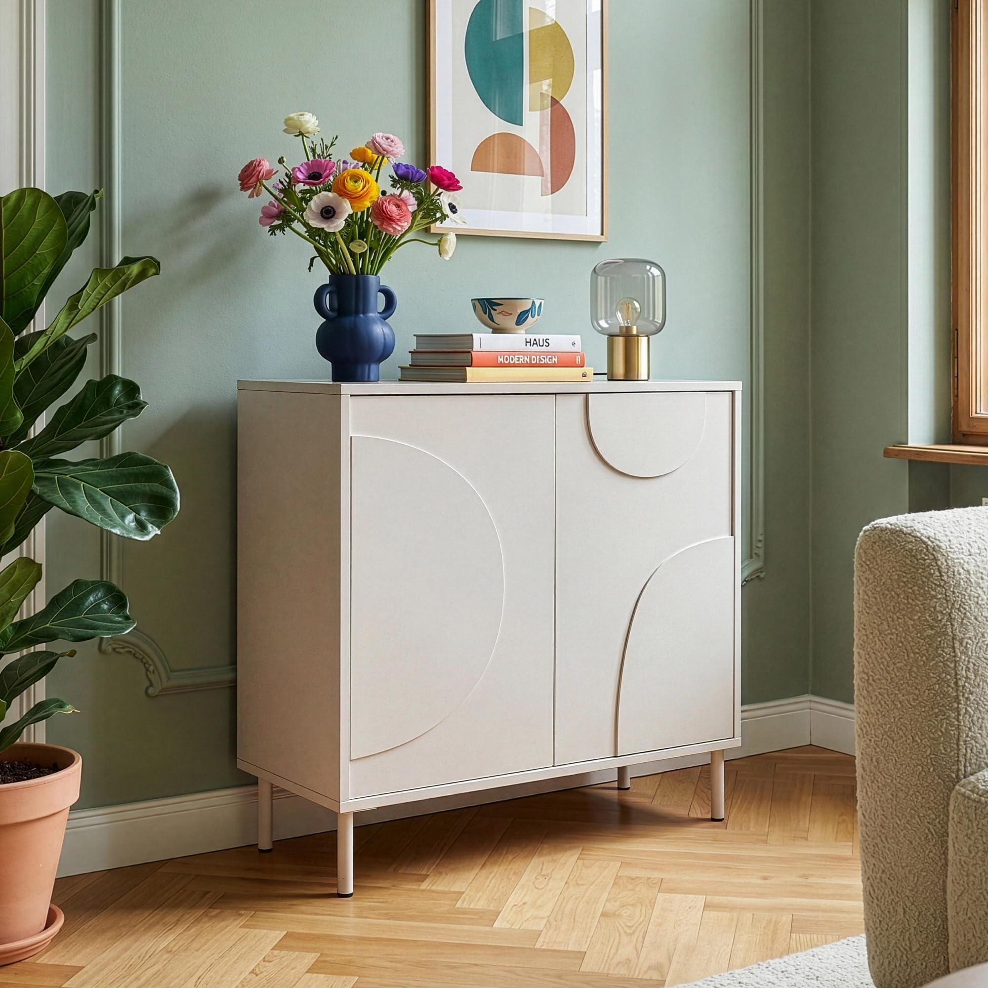 [en.casa] Mobile Contenitore a 2 Ante Decorative Credenza Bassa con Ripiano e 2 Scomparti Chiusi Comò Multiuso per Soggiorno Camera da Letto 75 x 70 x 34 cm - Beige