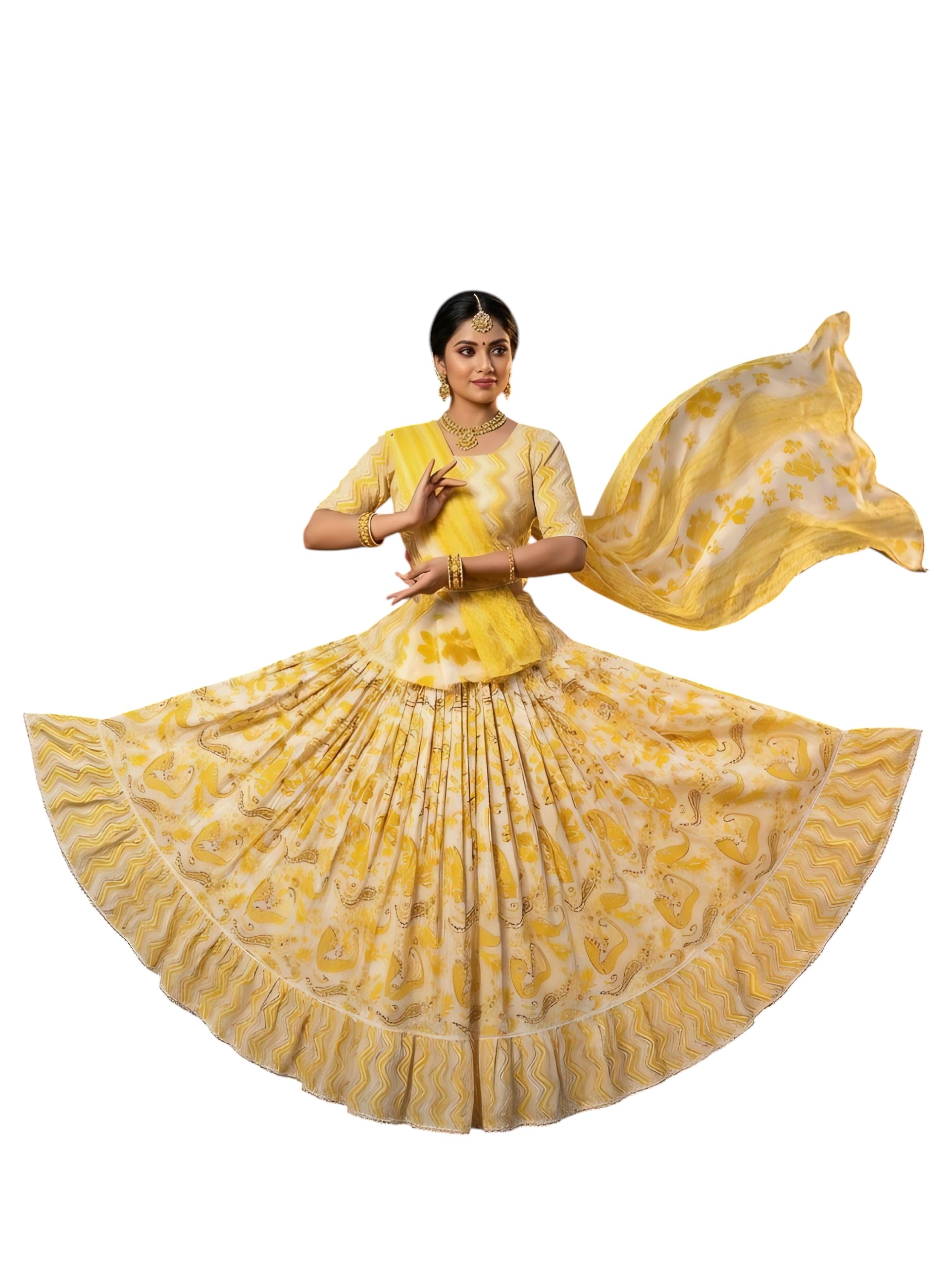 Yellow cotton Printed Lehenga Choli with Dupatta, Floral Paisley Design, Gopi dress-image-24