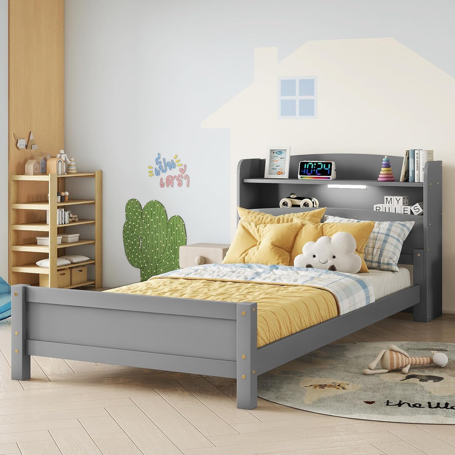 Twin Pine Wood Bed with Bookcase Headboard,LED Motion Sensor Light, Guardrails,Grey