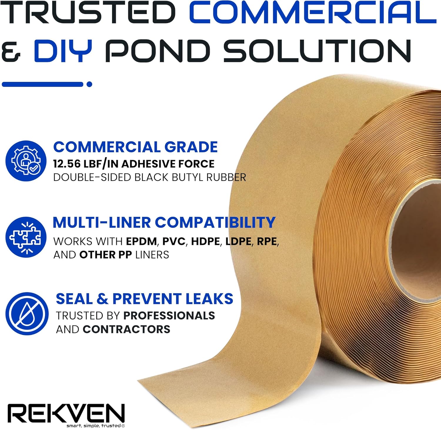 Pond Liner Seam Tape - 60 Feet x 3 Inch - Double Sided Butyl Tape - Bond Seal or Repair EPDM PVC HDPE LDPE RPE LLDPE - Perfect for Small or Large Fish and Koi Ponds Waterfalls and Water Features