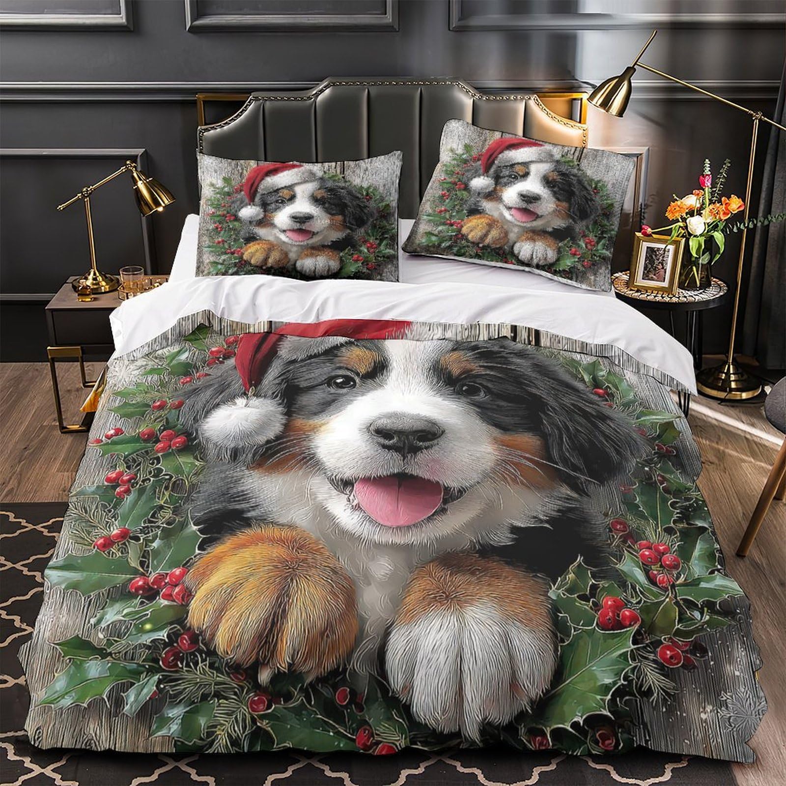 MMDASBVPE Christmas Puppy Comforter Cover 3D Print Machine Washable 3PCs Bed Linen Hidden Zipper Quilt Cover Extra Soft Durable for Teens Youth Adults Women Kids Boys Super king（260x220cm）