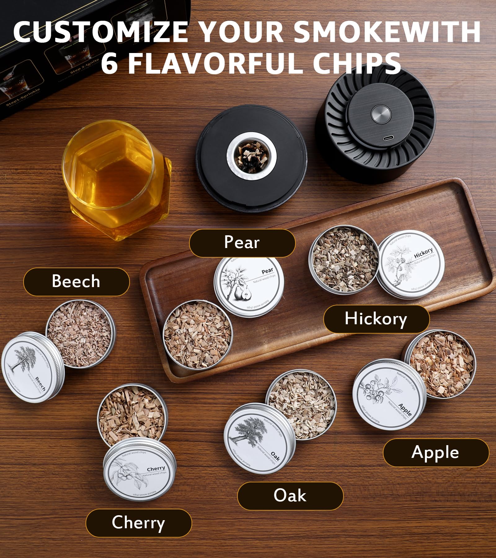 Kit affumicatore elettrico per whisky, con luce LED e 6 trucioli di legno, senza bisogno di butano, kit per affumicatore per cocktail, kit per affumicatore di bevande vecchio stile, regalo di