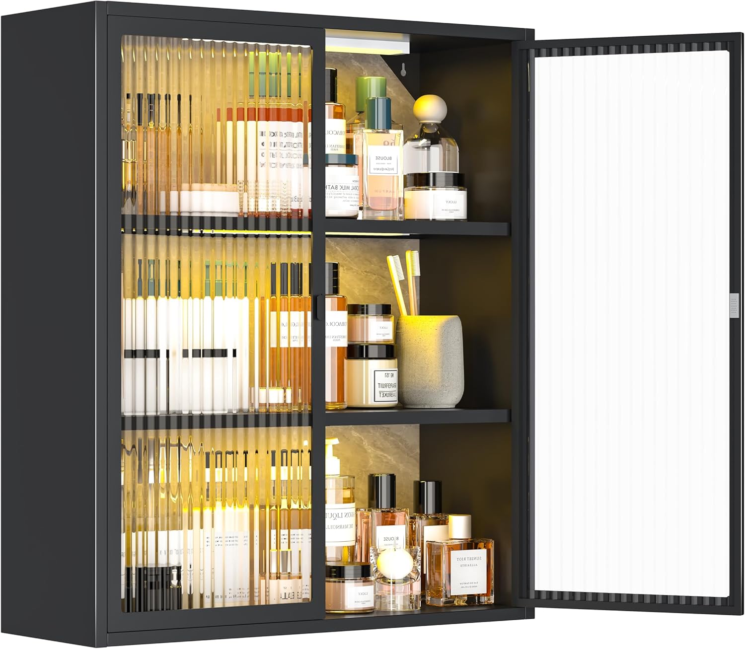 Medicine Cabinet with Fluted Glass Doors, Over Toilet Storage Cabinet with Sensor Light, Bathroom Wall Mounted Metal Organizer for Bathroom and Laundry Room (Full Glass Door)