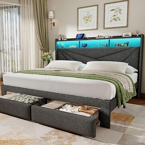 Miniatura 12 de Base de cama Queen con cabecera de almacenamiento de 2 niveles, marco de cama tapizado tamaño Queen con 2 cajones, estación de carga y luces LED, no