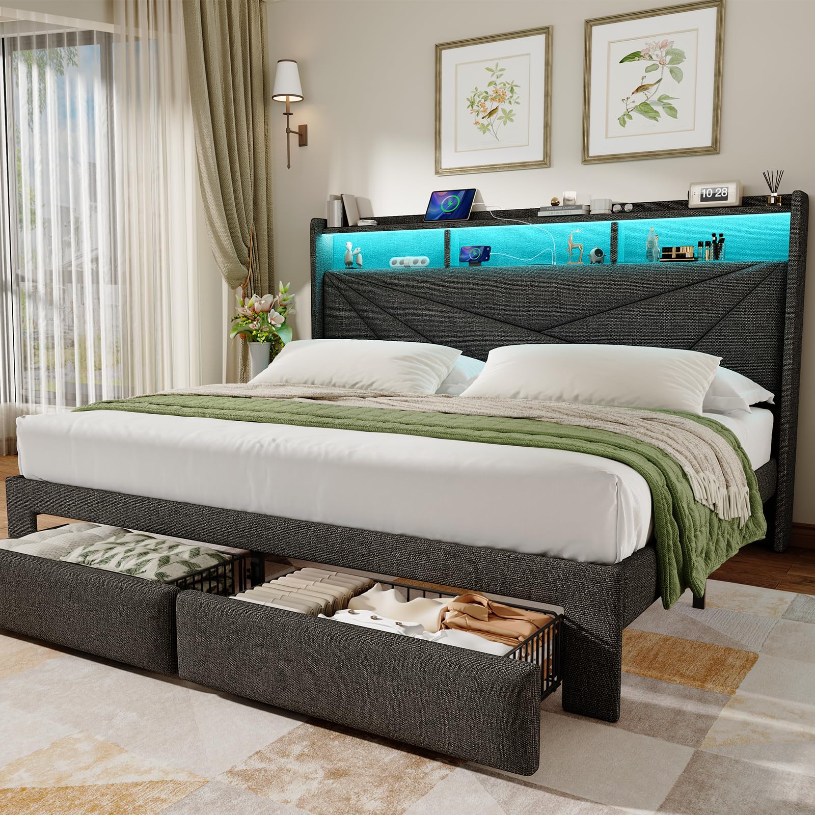 Amazon.com: Driftalia King Size Bed Frame with 2-Tier Storage