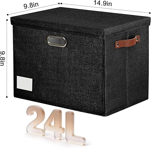Miniatura 2 de 15" Large Collapsible Storage Bins with Lids, Stackable Closet Organizers with PU Handle and Labels, 3-Pack Decorative Fabric Storage Boxes for Negro