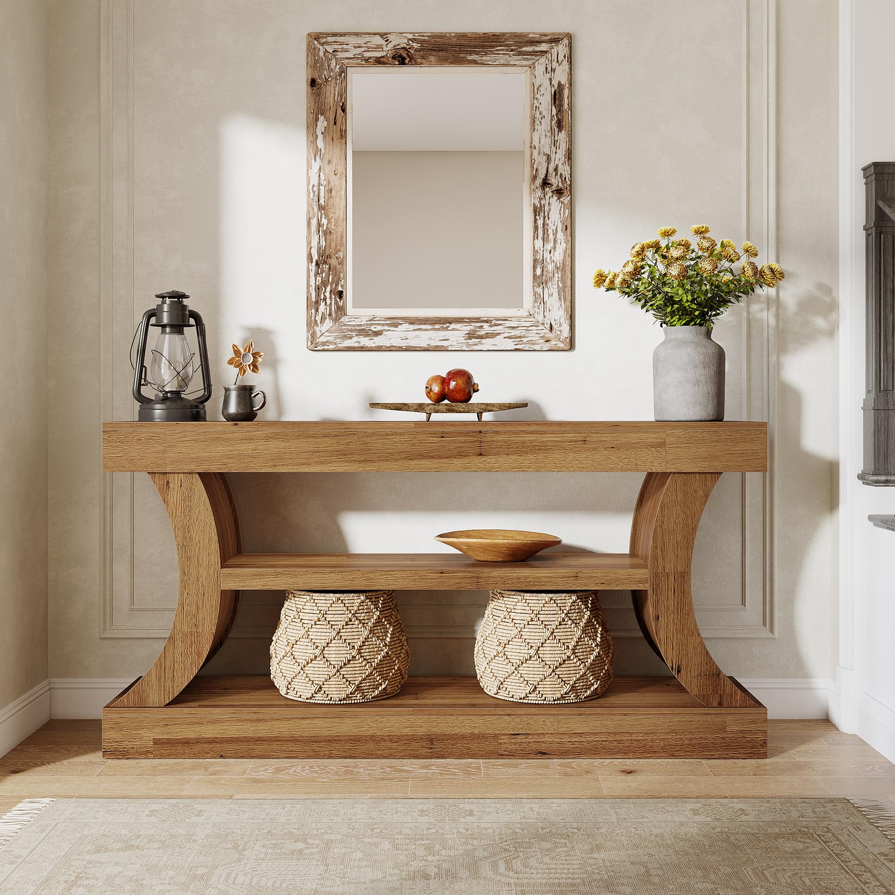 Tribesigns Table console d'entrée de 160 cm avec rangement, console TV avec design incurvé pour salon, chambre à coucher (noyer clair, 30 cm de profondeur x 160 cm de largeur