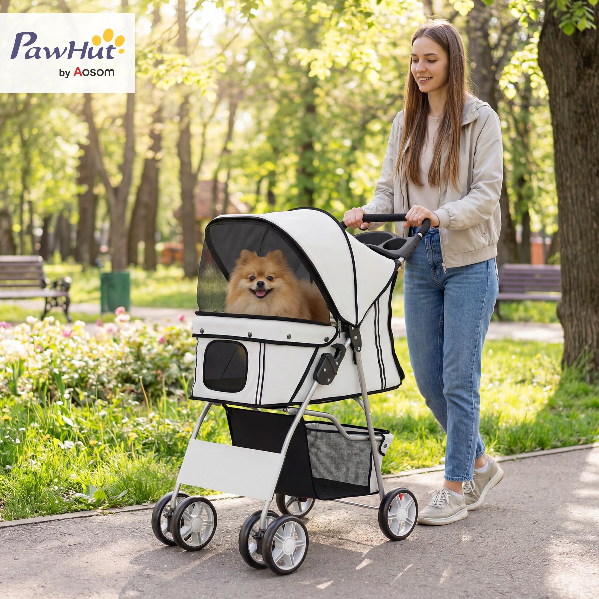 PawHut Passeggino per Cani Pieghevole Carrello per Animali Domestici Carrello Carrozzina Grigio 75 x 45 x 97cm