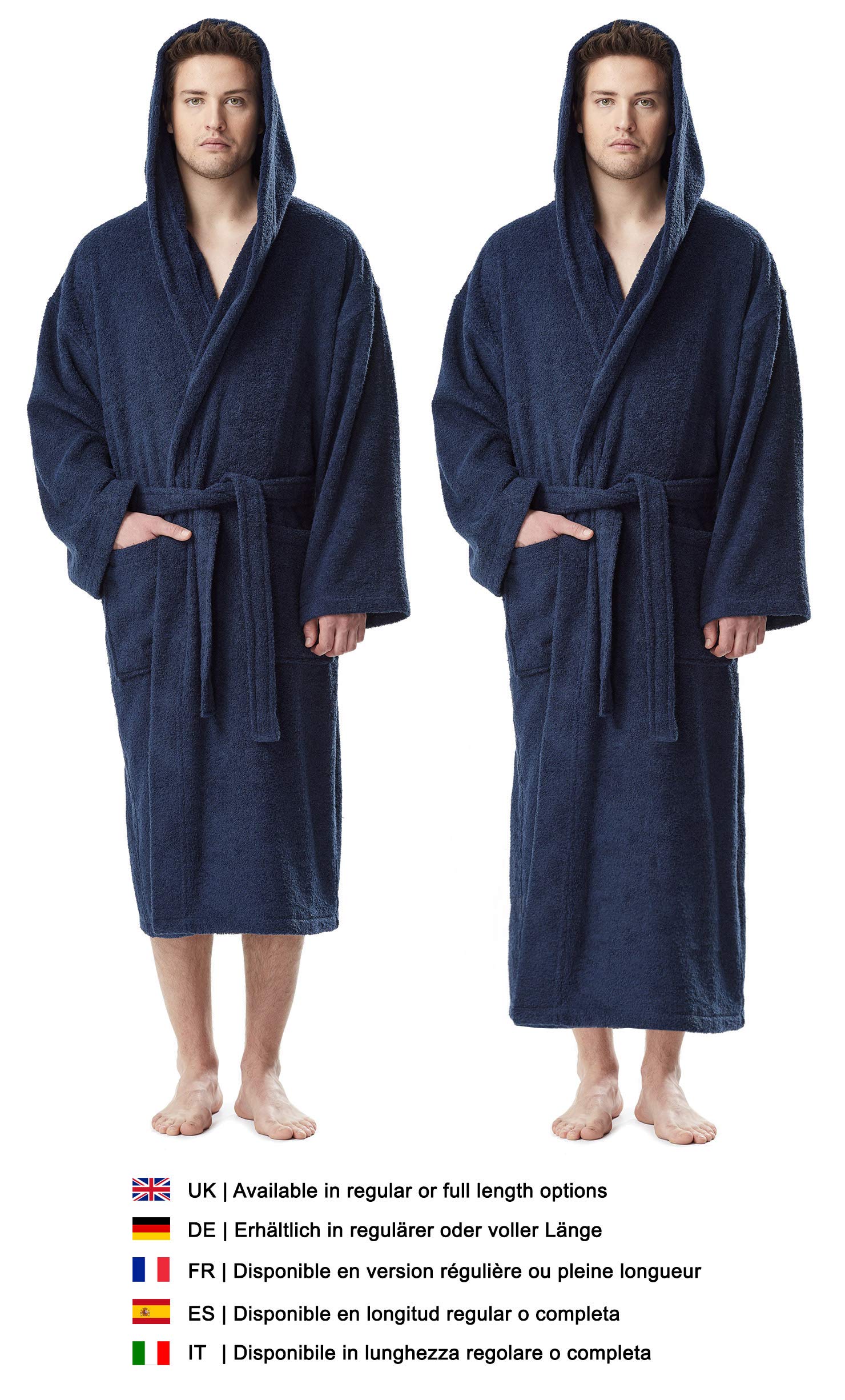 Arus Peignoir de bain pour hommes avec capuchon | longueur mollet ou cheville | tissu éponge 100% coton (380 g/m²) certifié OEKO-TEX