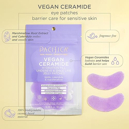 Miniatura 3 de Pacifica Beauty - Parches de gelatina de ceramida vegana hidratantes debajo de los ojos y sonrisa, para ojos hinchados, soporta líneas finas y