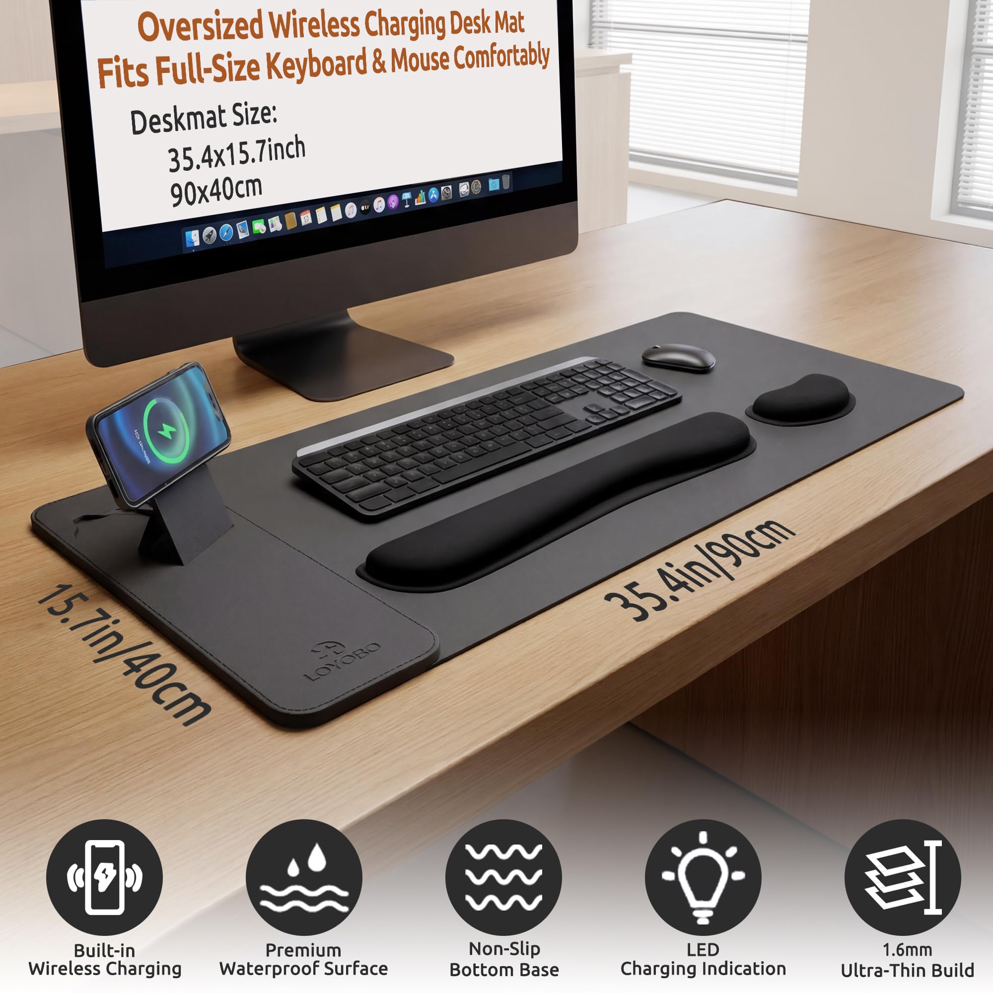 Podkładka pod mysz do gier XXL z szybkim bezprzewodowym ładowaniem 15 W, kąt widzenia, ergonomiczna konstrukcja, składana magnetyczna ładowarka do telefonu, 90 x 40 cm, skóra PU, podkładka na biurko z