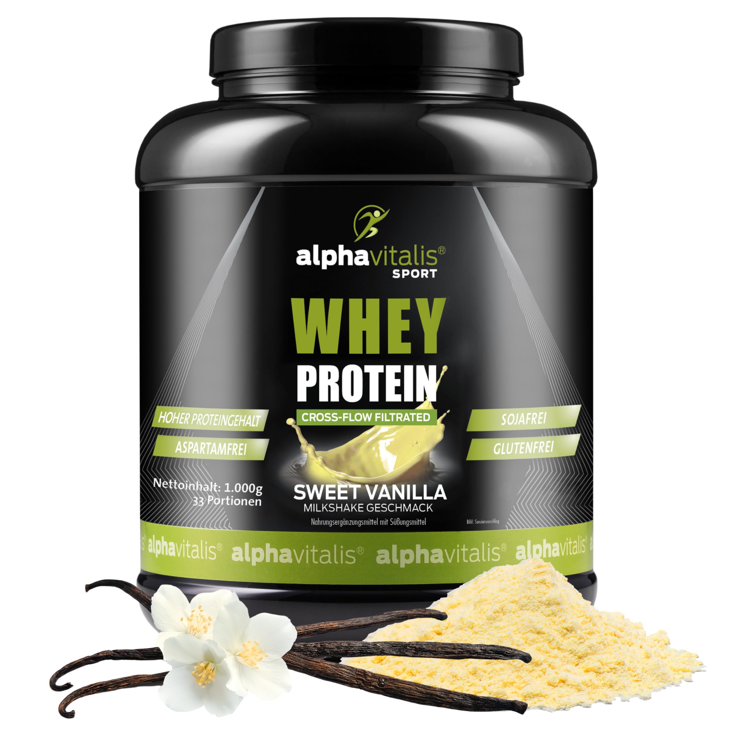 Whey Protein Pulver 1000g - leckeres Eiweißpulver für Proteinshakes, Kraftsport und Fitness - WPC cross flow mikrofiltiert CFM - Muskelaufbau Shake - Eiweißshake Vanille Milkshake