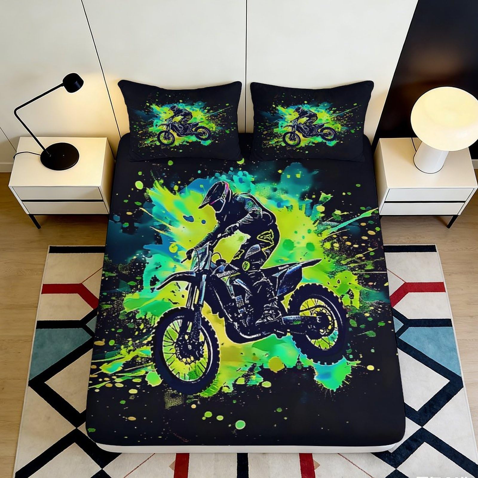 3D Printed Neon Motocross Fitted Sheet Microfiber Durable Soft Dirt Bike Mattress Cover for Bedroom Dormitory Guest Room Protection and Decoration 180x200x25cm