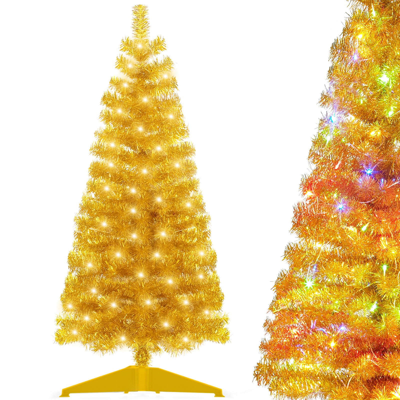 Pre-Lit Artificial Christmas Tree, Warm White Lights, Colorful Lights, Includes Stand, 4 feet (Gold)