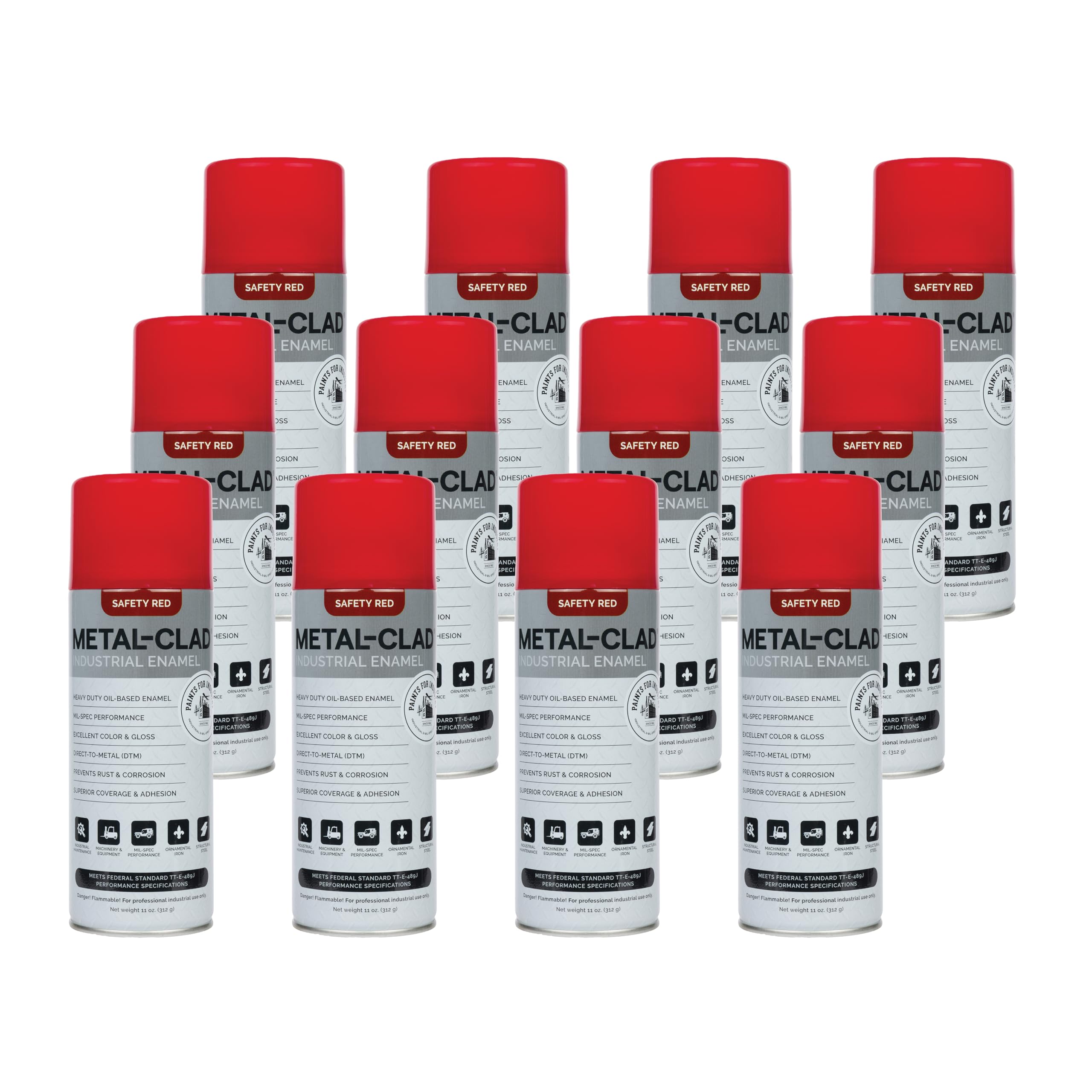 METAL-CLAD Paints For Industry Industrial Enamel, Aerosol Spray Paint - Steel Metal Iron Machinery - Case of 12 (Safety Red) 5-S-2614CS