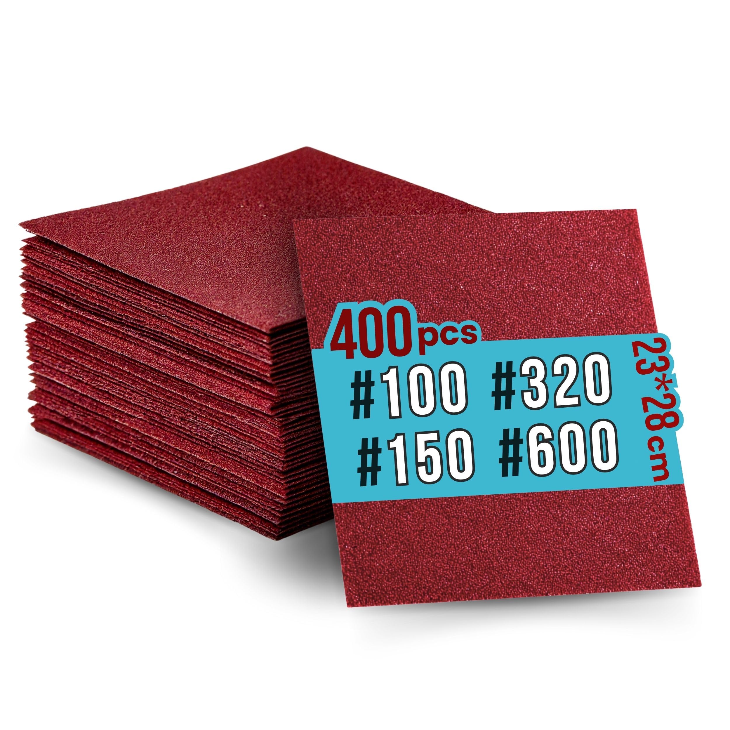 400 hojas abrasivas, papel de lija 280 x 280 mm (100, 150, 320 y 600 Grit) – 100 hojas de cada – Papel de lijado, papel abrasivo de óxido de aluminio – Madera y metal – para lijar