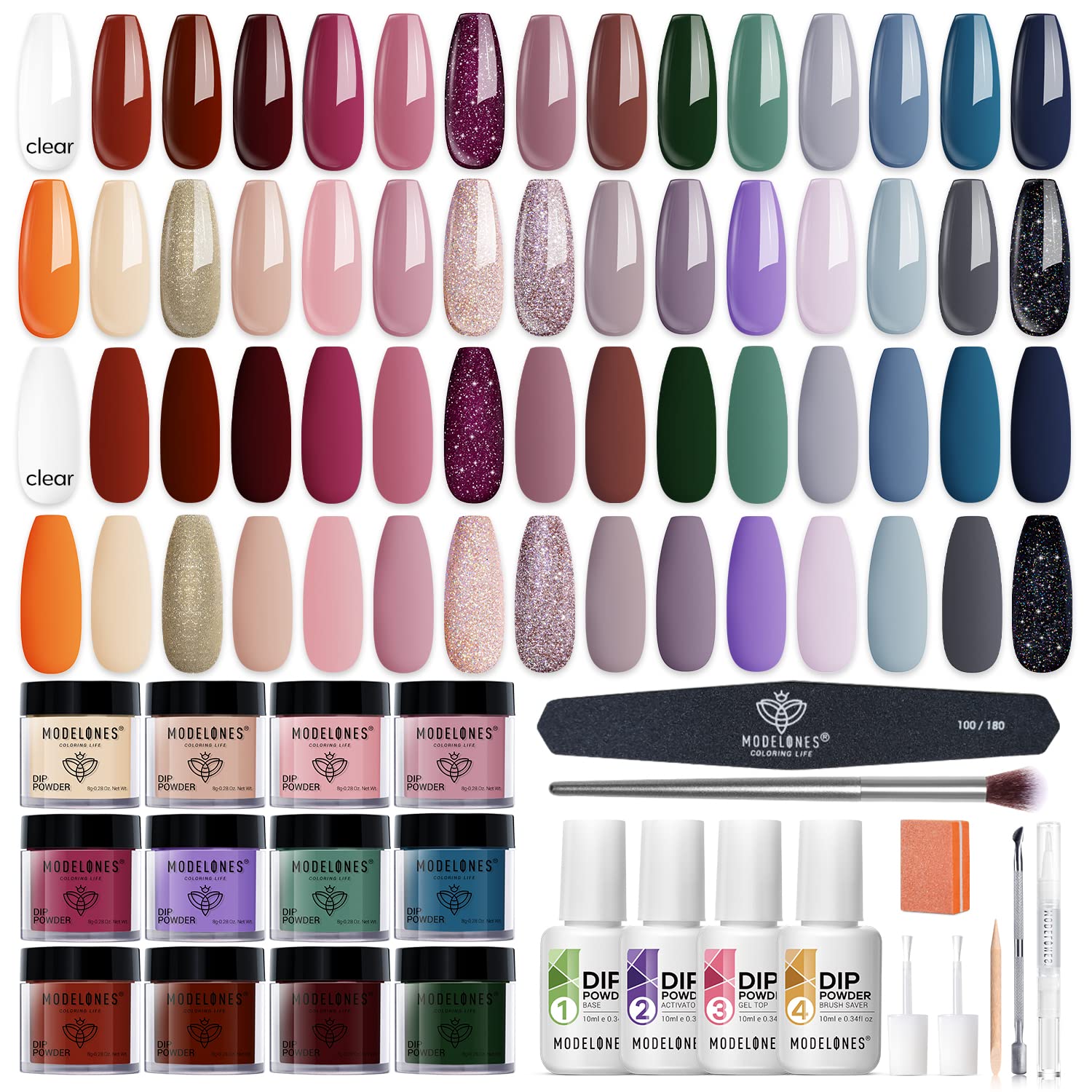 Modelones Dip Powder Nail Kit Starter, 30 Colors Burgundy Red Green Blue Dipping Powder Set with Top/Base Coat Activator for French Art Manicure Salon DIY