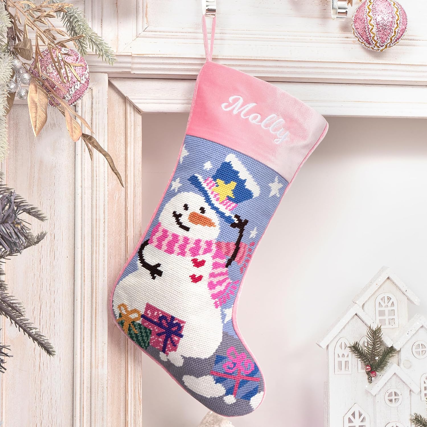 MT WORLD Needlepoint Christmas Stockings Personalized Snowman Santa Nutcracker Christmas Tree Embroidered Family Stockings for Holiday Applique Pink Velvet Stocking with Name for Family Decoration