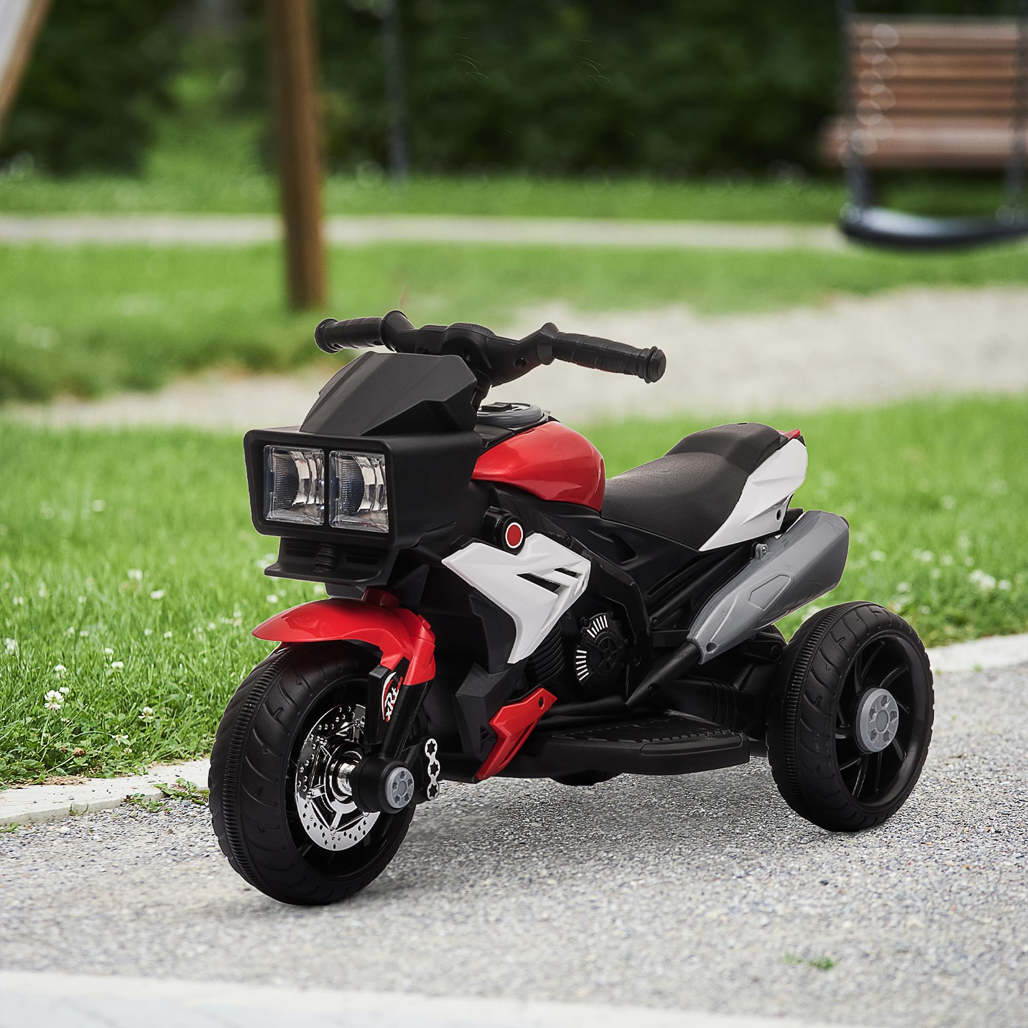 HOMCOM Moto Elettrica per Bambini 3-5 Anni 6V (max. 25kg), Velocità 3km/h, Motorino Elettrica per Bimbi con 3 Ruote, Luci e Suoni, Rosso, 86x42x52cm