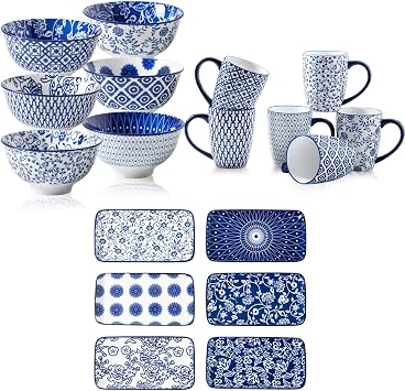 18 Pieces Ceramic Dinnerware - 12 Oz Dessert Bowls and 8.3 Inch Rectangle Plates and 16 Oz Coffee Mugs Sets - Service for 6 - Vintage Blue