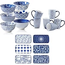 18 Pieces Ceramic Dinnerware - 12 Oz Dessert Bowls and 8.3 Inch Rectangle Plates and 16 Oz Coffee Mugs Sets - Service for 6 - Vintage Blue