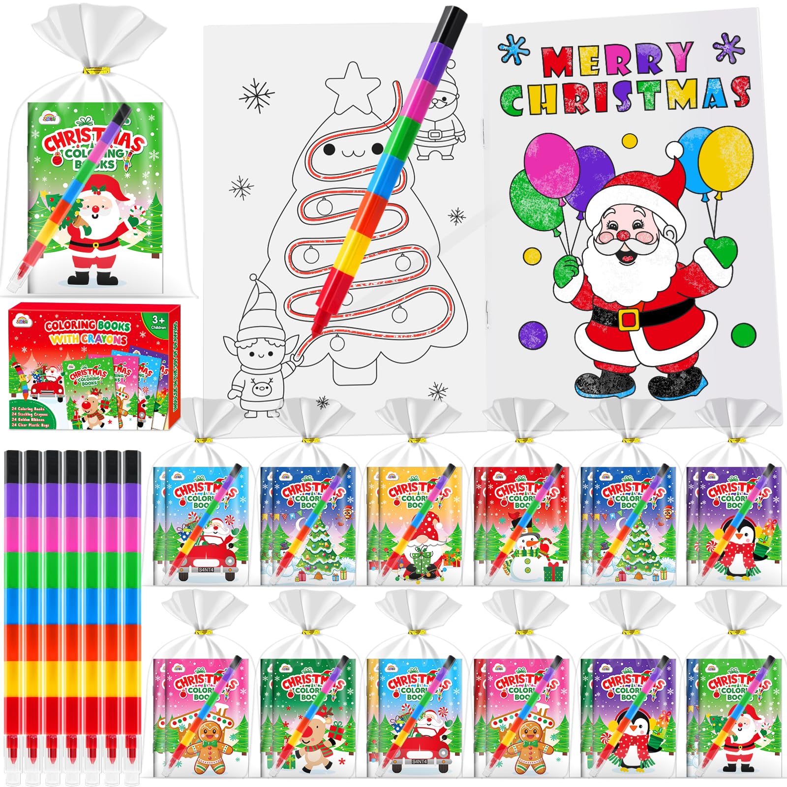 ZMLM Christmas Party Bag Fillers - 24 Pack Christmas Colouring Books & Crayons, All-in-One Activity Set for Party Favours Santa Party Bag Fillers Gifts for Kids