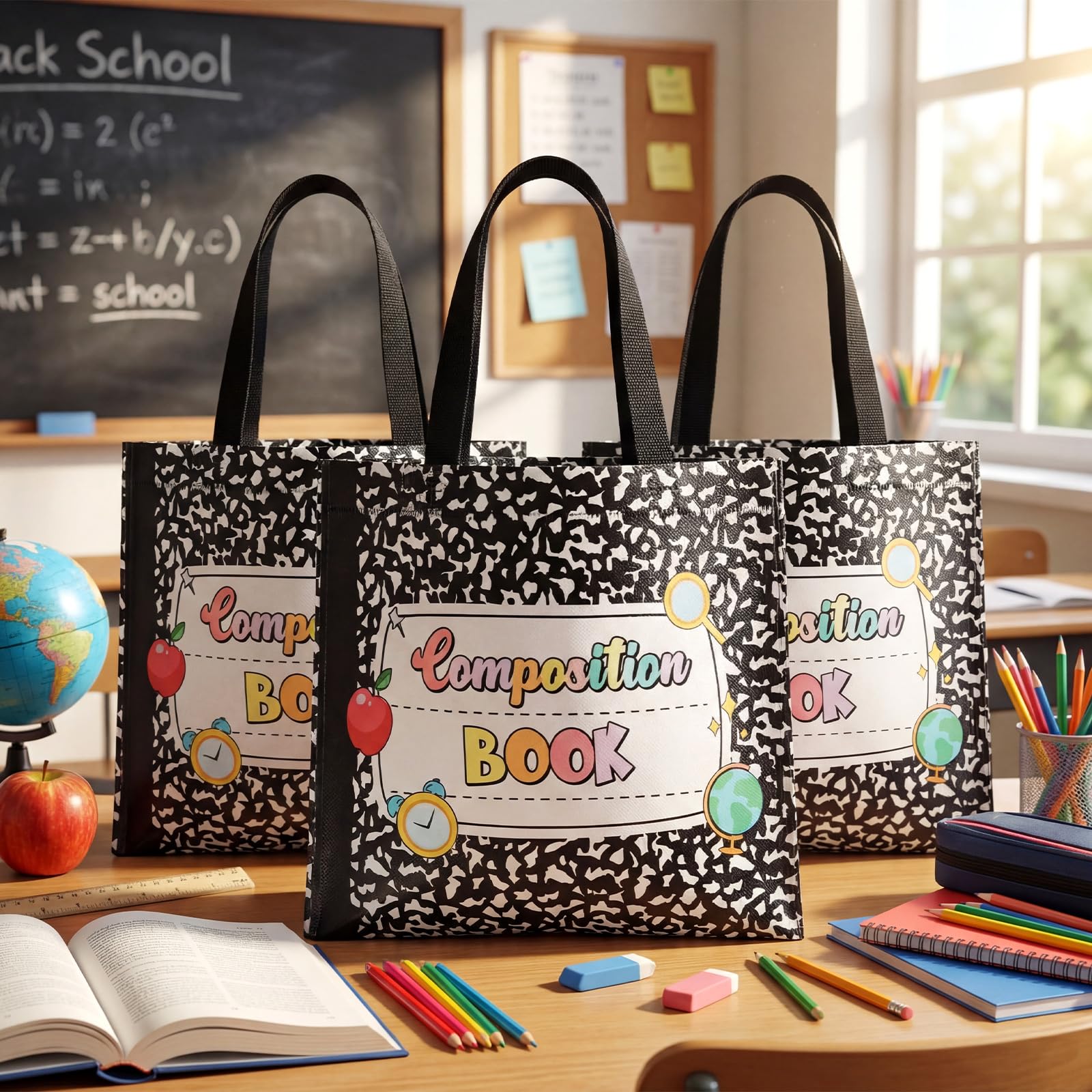 Cosblank 24 Pcs Teacher Appreciation Gift Bags Composition Notebook Non Woven Back to School Gift Bags with Handle Candy Treat Thank You Party Favors Supplies for Graduation Wrapping Supplies