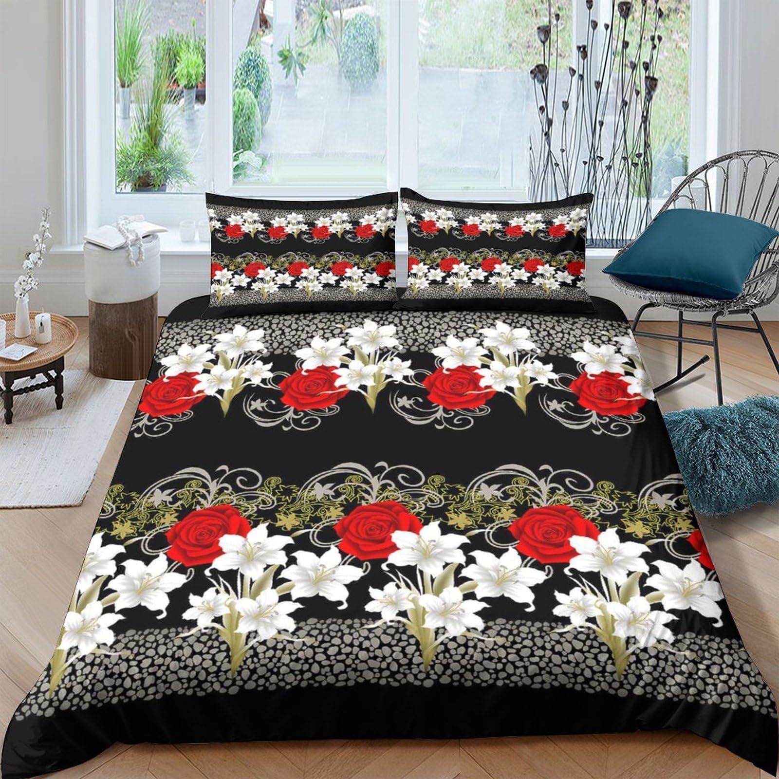 Ctjqhvkz Style-6 3D Printed Red Roses Fitted Sheet Microfiber Floral White Lily Bed Sheet For Bedroom Guest Room Decor Single（135X200cm）
