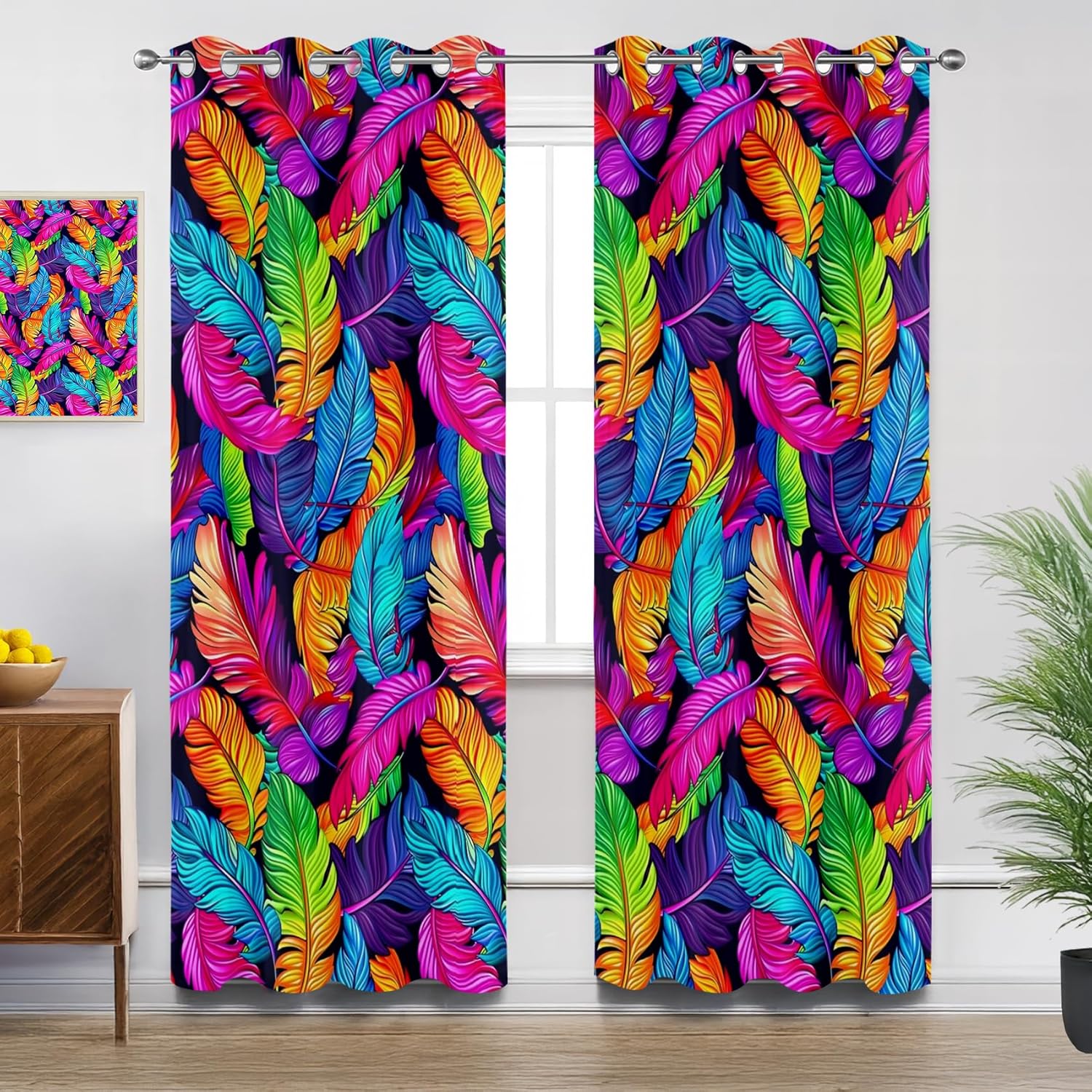 Colorful Curtains Blackout, Tropical Feather Exotic Bright Color Patterned Curtains 54 Inch Length 2 Panels Set, Room Darkening Thermal Insulated Grommet Drapes for Bedroom Living Room