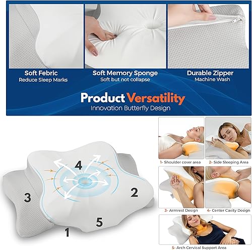 Miniatura 3 de Almohada cervical para dormir, almohada para dormir de lado para aliviar el dolor de cuello, almohadas de espuma viscoelástica, altura ajustable y