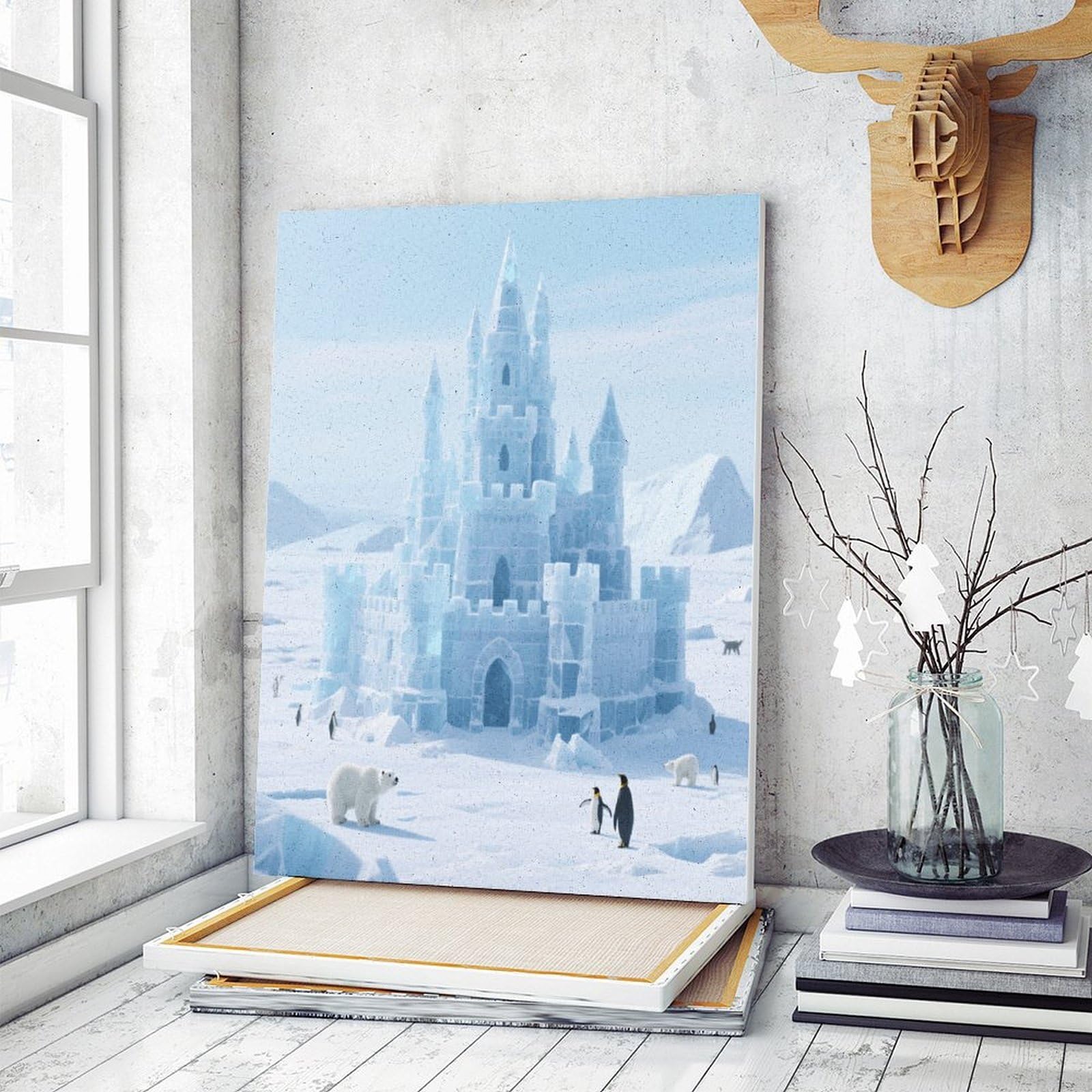 KOAYUBFC Eis- und Schneeschloss, Eisfeld, Malen-nach-Zahlen-Set für Erwachsene, Anfänger, Erwachsene, Malen nach Zahlen, Kits auf Leinwand, DIY-Acryl-Ölfarben, Gemälde mit Pinseln für Geschenk