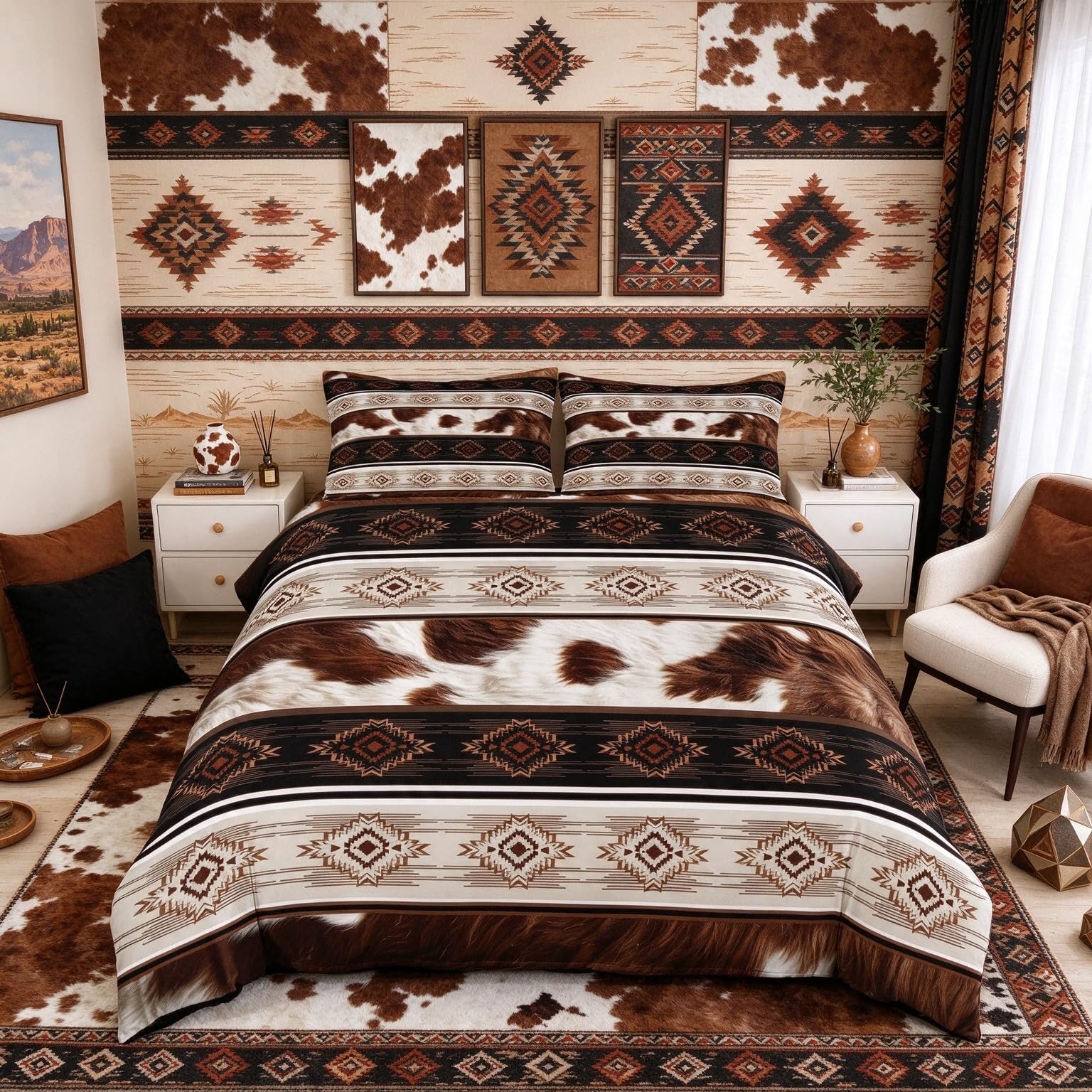 Loussiesd Cow Fur Print Duvet Cover King Size Cowhide Comforter Cover for Boys Girls Boho Native Bedding Set 3Pcs Southwestern Room Decor Breathable Soft Lightweight Microfiber