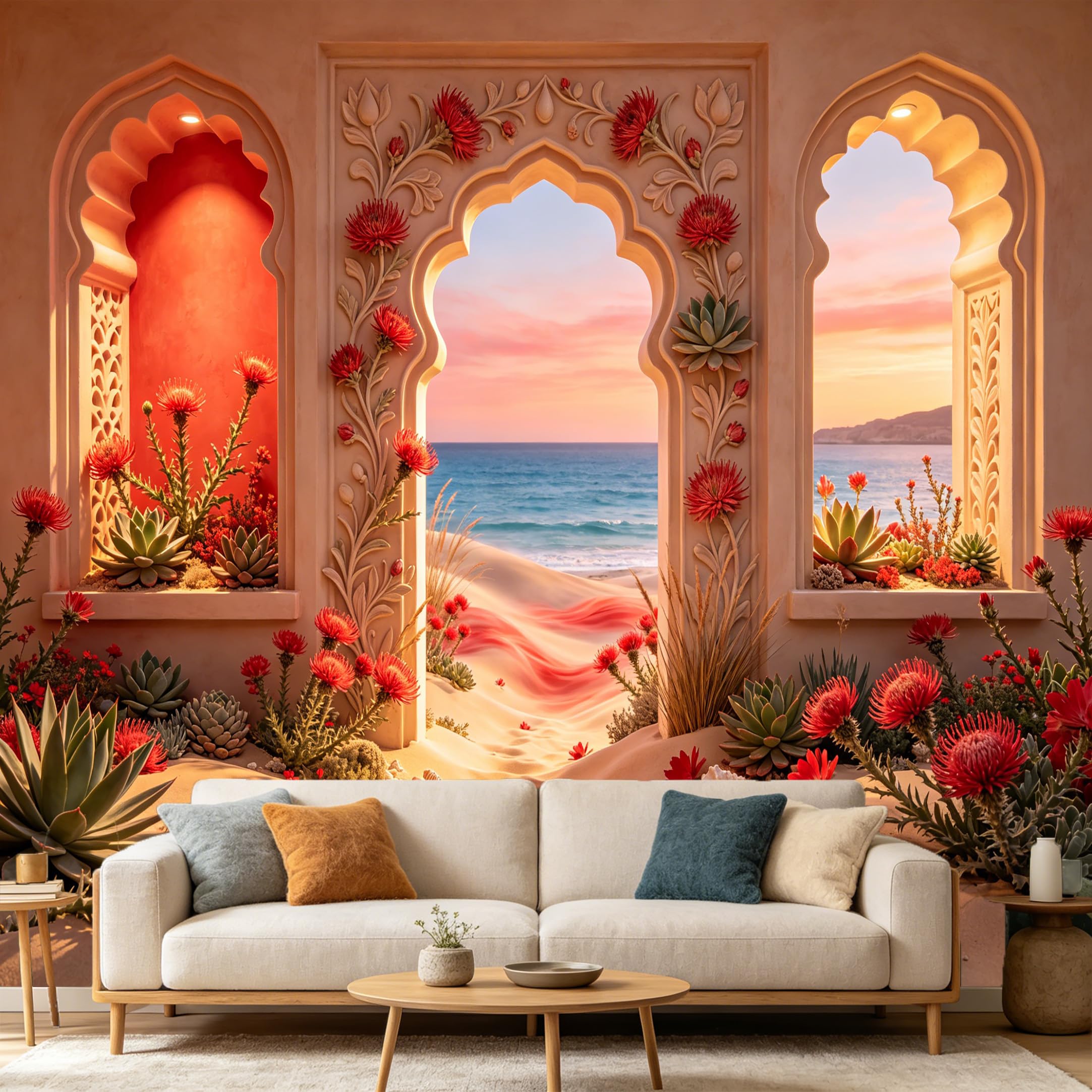 Custom Size Wall Mural， Mediterranean Sunset Beach Archway， Tropical Succulent Flower Desert， SelfAdhesive Art Prints wall Fabric Removable Large Wallpaper Home Living Room Decor