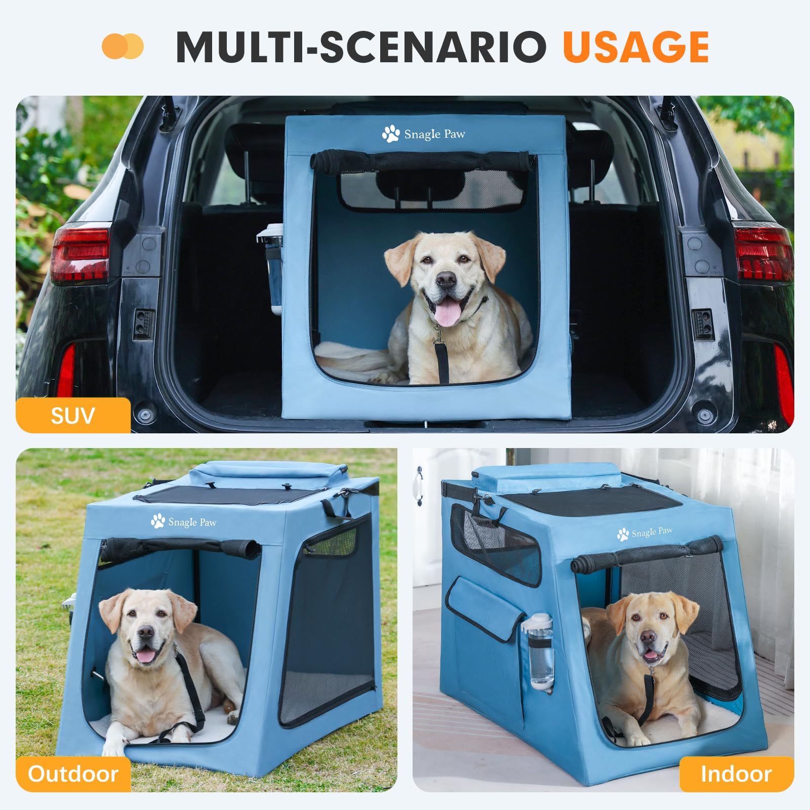 Snagle Paw Jaula portátil para perros para viajes en coche, plegable, grande, con marco de metal y ventanas de malla de 3 puertas, se asegura en el maletero/asiento trasero, transportador de perrera