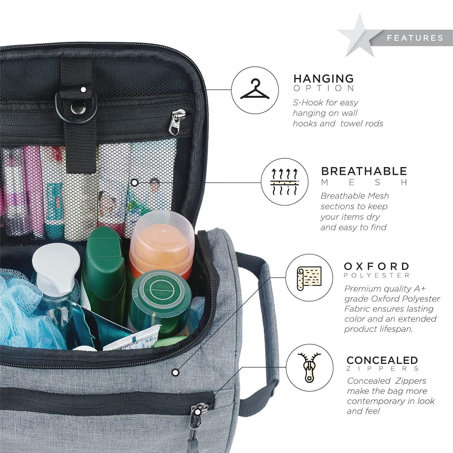 Organizer da viaggio da 6 cm, da appendere, kit Dopp per uomini, trousse per cosmetici da donna, grigio chiaro., Grigio, Organizzatore di articoli da toeletta
