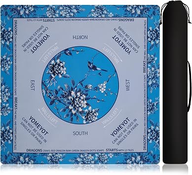 Blue Mahjong Mat with Rules and Black Storage Bag Anti-Slip Noise-Reducing Mahjong Mat for Table Playing Board Games Tile Games Aqua Blue